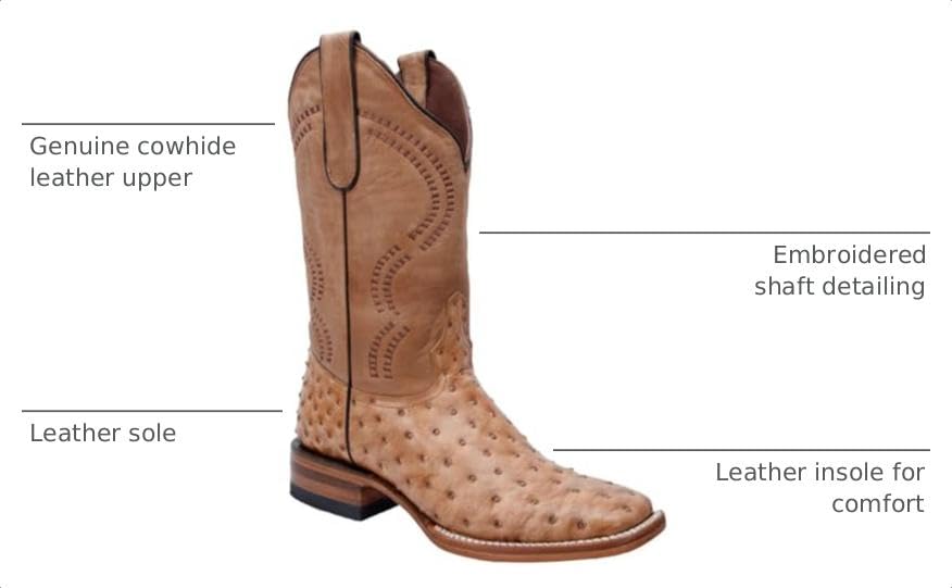 Genuine Leather Ostrich Print Square Toe Western Boots I29644