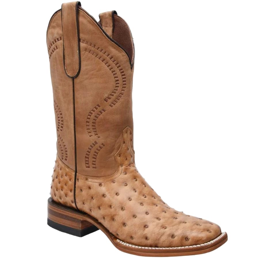 Genuine Leather Ostrich Print Square Toe Western Boots I29644