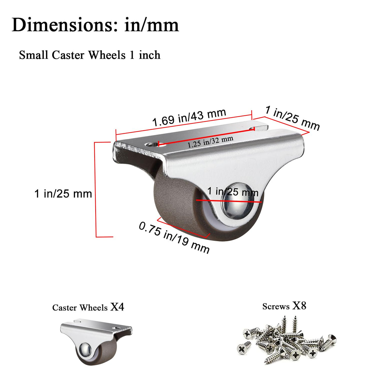 1 Inch Low Profile TPE Rubber Fixed Caster Wheels Set of 4 C2449