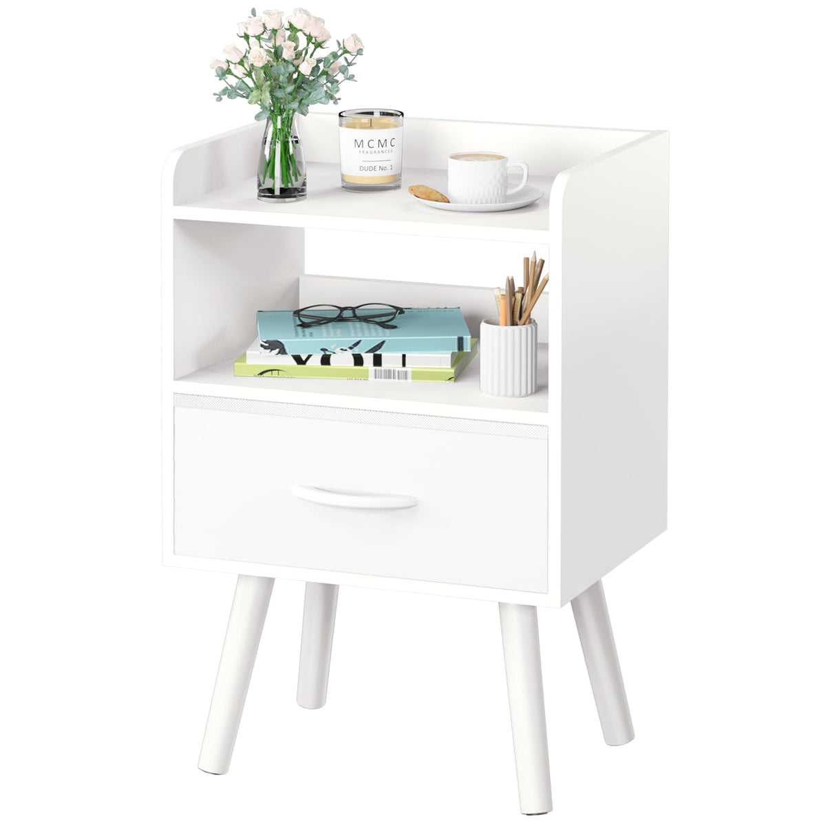 Modern Nightstand with Drawer and Open Storage Shelf Z844