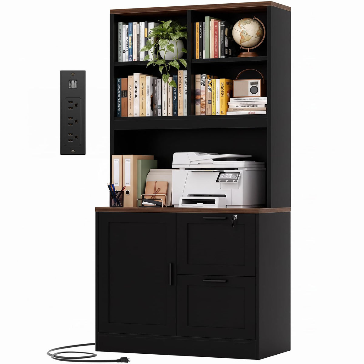 Black Vertical File Cabinet Bookcase with Printer Stand N516504