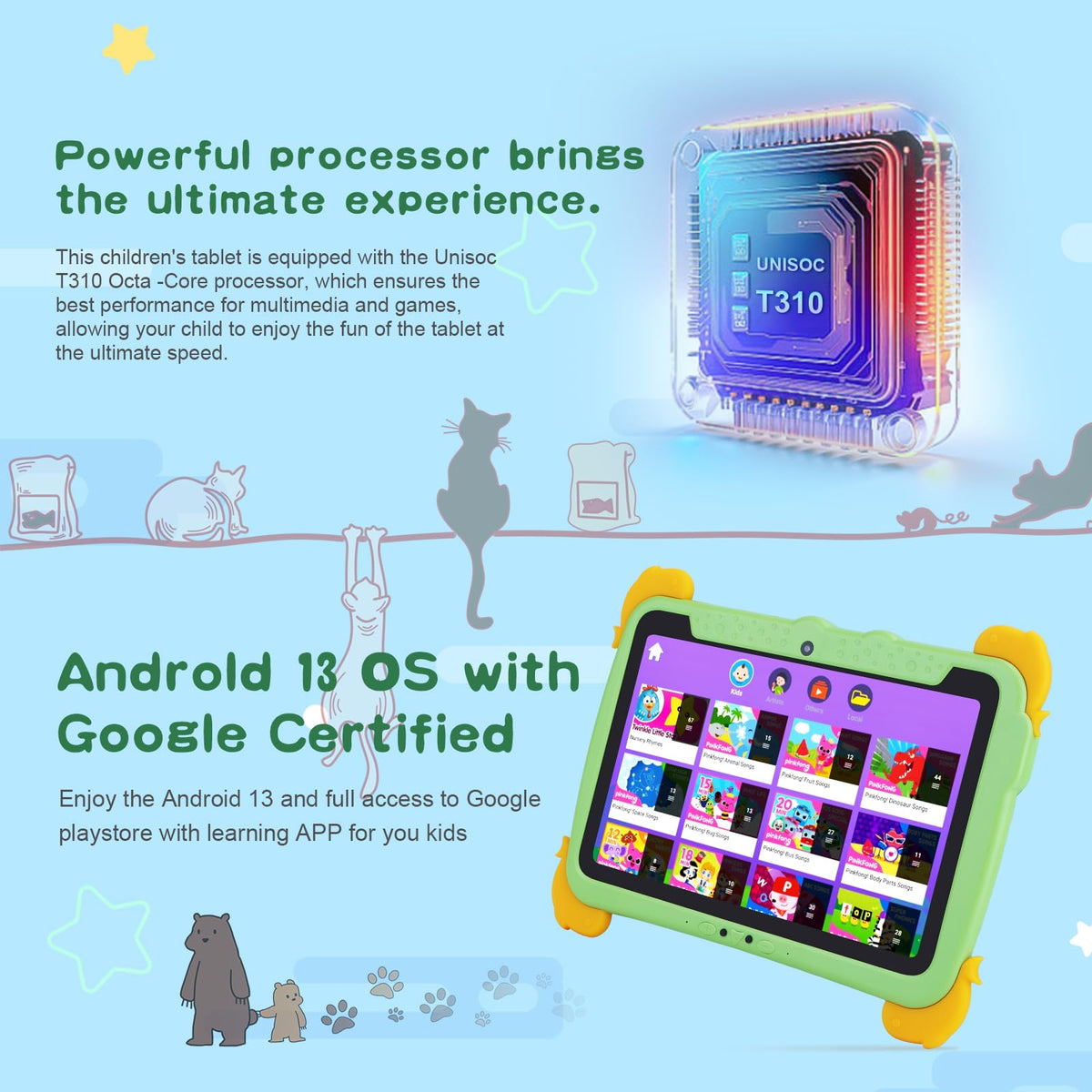 10.1 inch Kids Tablet Android 13 4GB RAM 64GB ROM FHD IPS Screen Green W2467