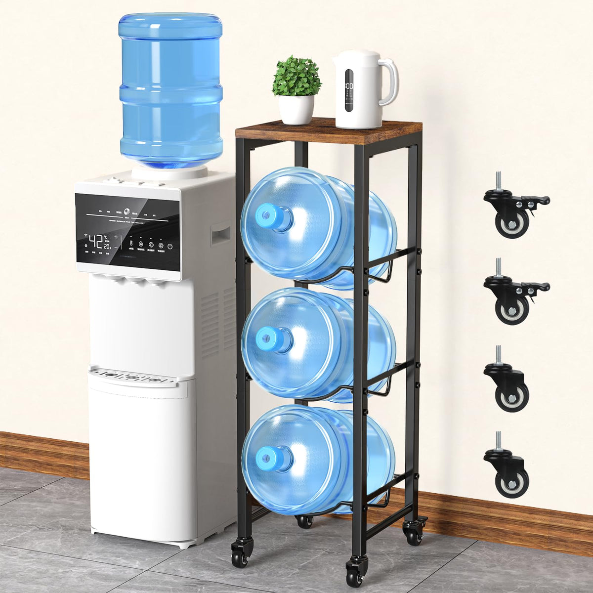 5 Gallon 3-Tier Water Bottle Holder with Lockable Casters Brown A257
