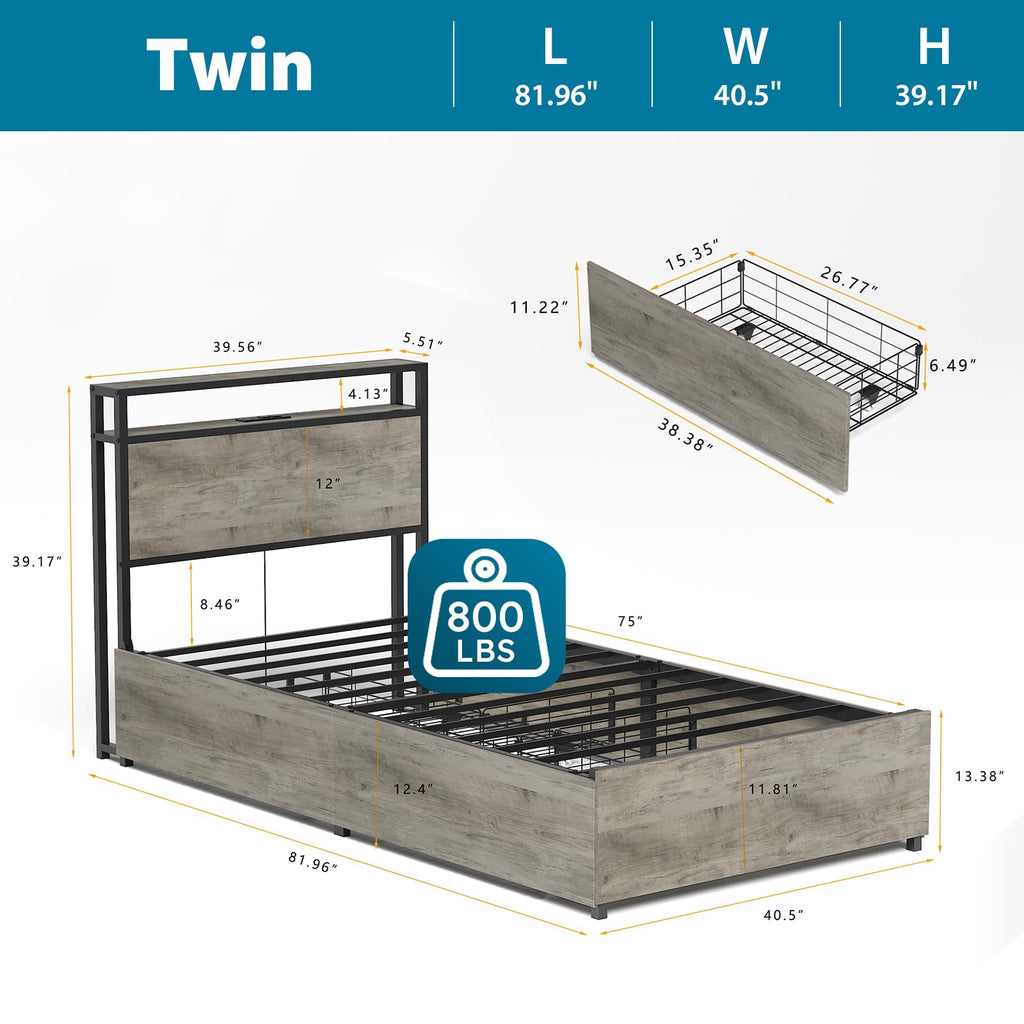 Twin Size Bed Frame with 4 Storage Drawers F2966