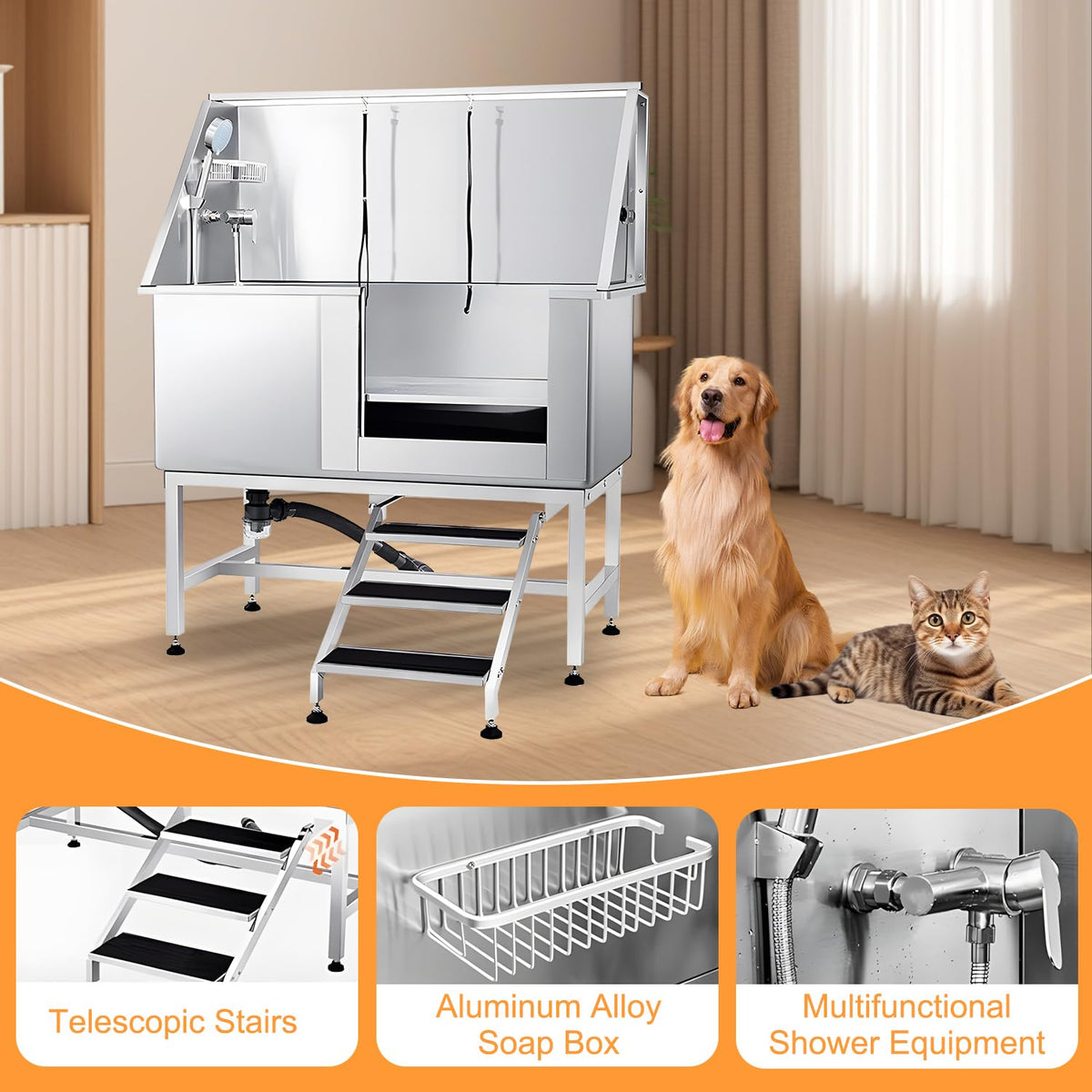 Stainless Steel Dog Washing Station with Stairs G62313