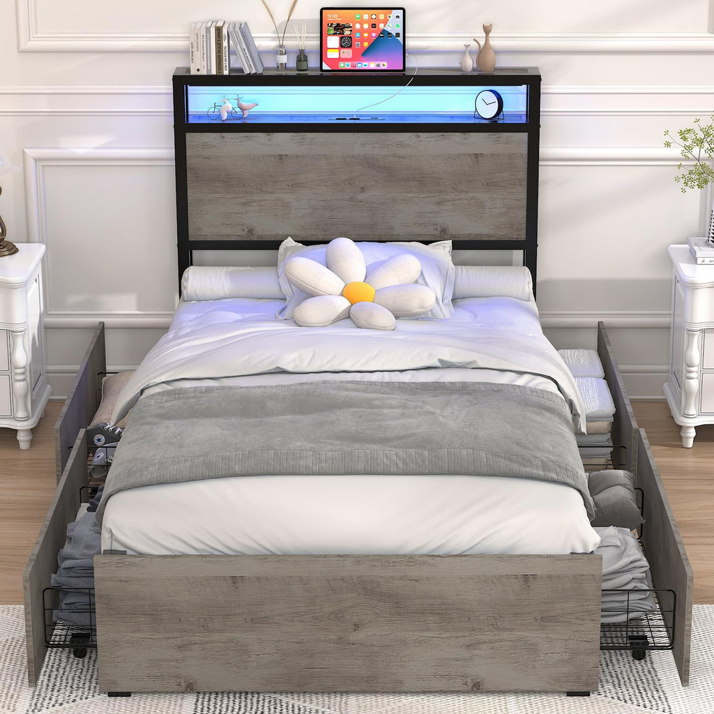 Twin Size Bed Frame with 4 Storage Drawers F2966