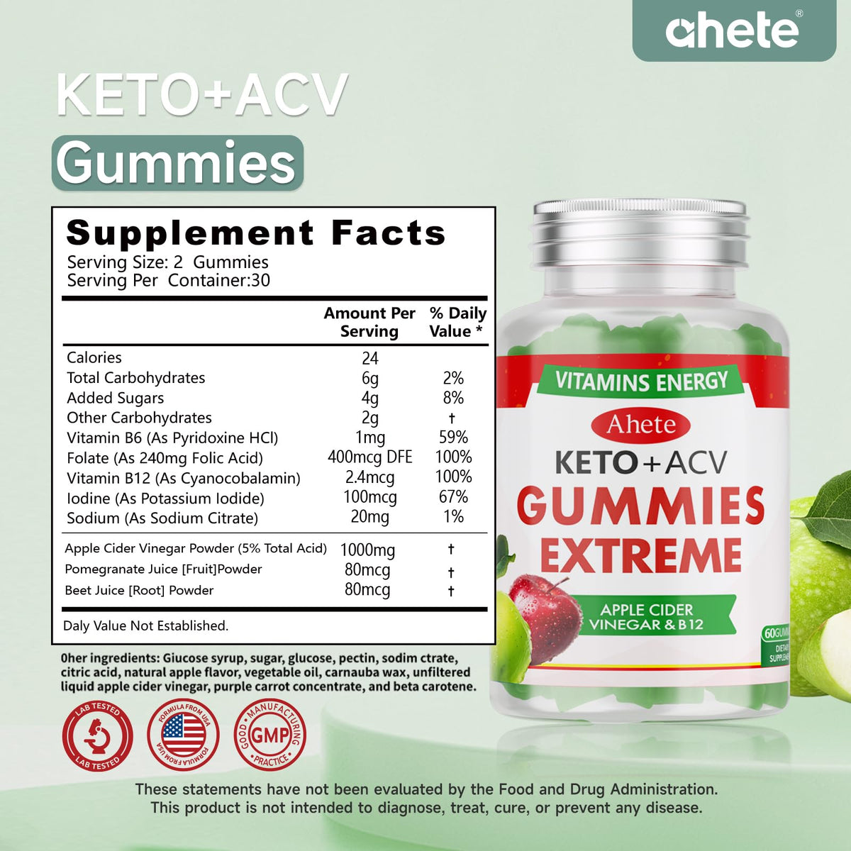 Apple Cider Vinegar Gummies with Vitamin B6, B12, Folate & Beet Root, 180 Gummies W6028