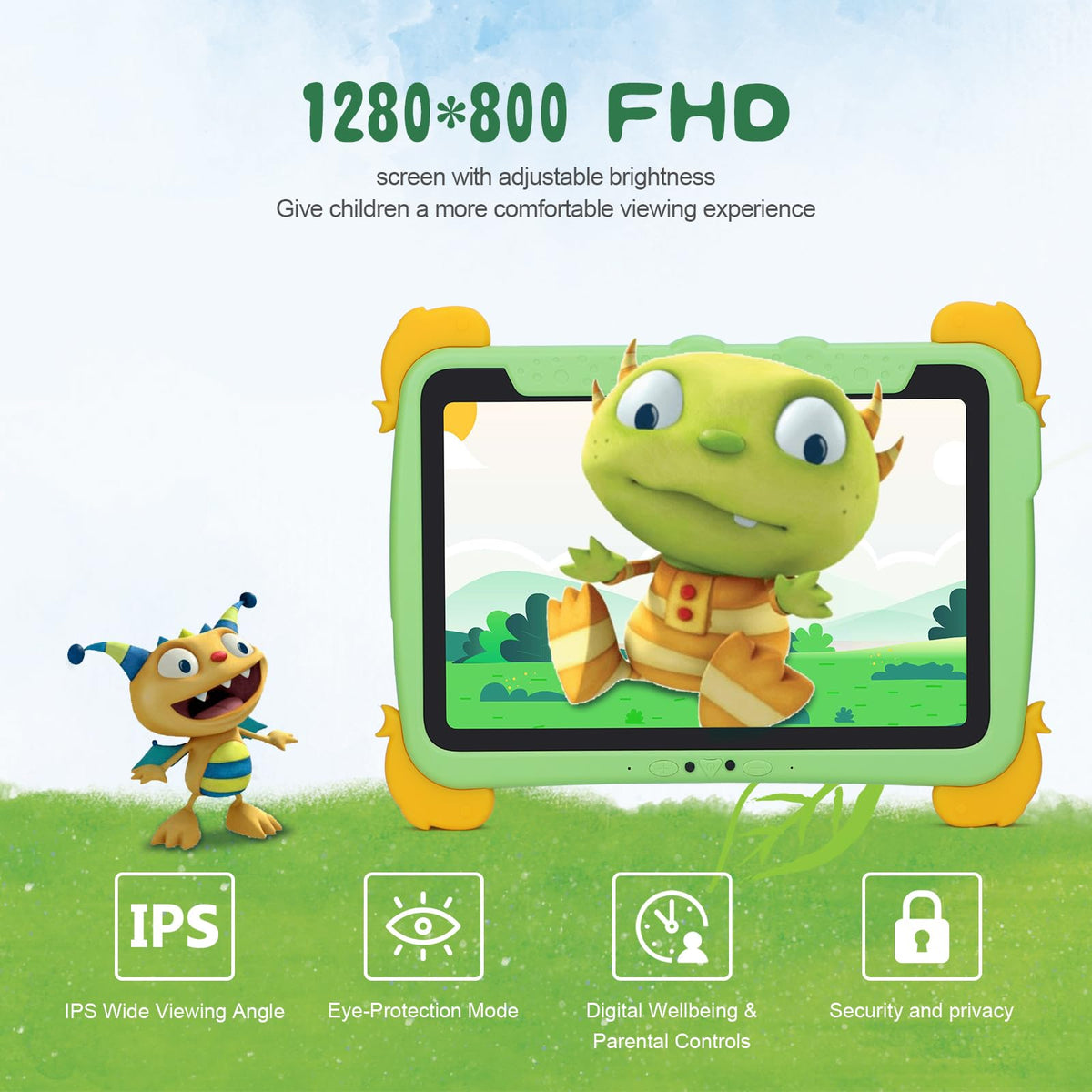 10.1 inch Kids Tablet Android 13 4GB RAM 64GB ROM FHD IPS Screen Green W2467