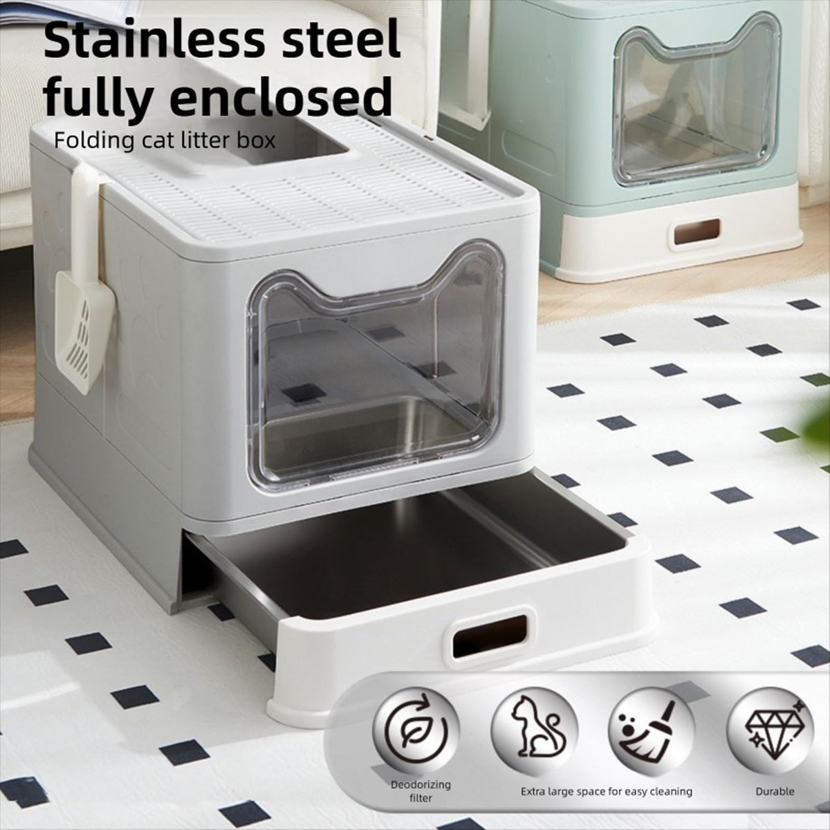 Foldable Stainless Steel Enclosed Cat Litter Box with Lid and Scoop V771