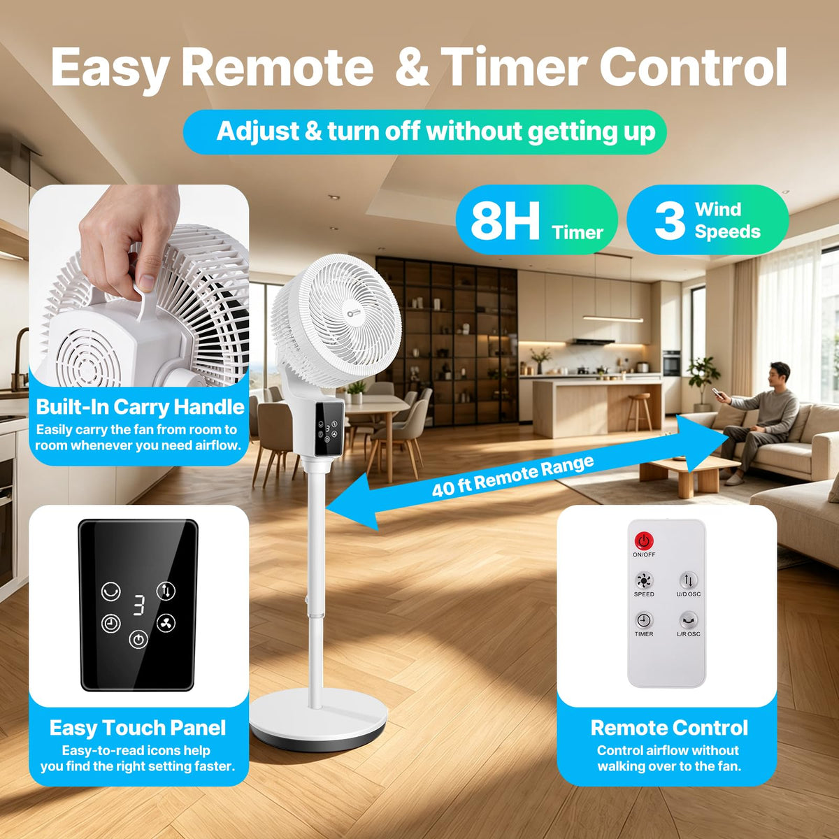 Oscillating Fan, 360° Air Circulator Pedestal Fan, 43.3” Adjustable Height P787233