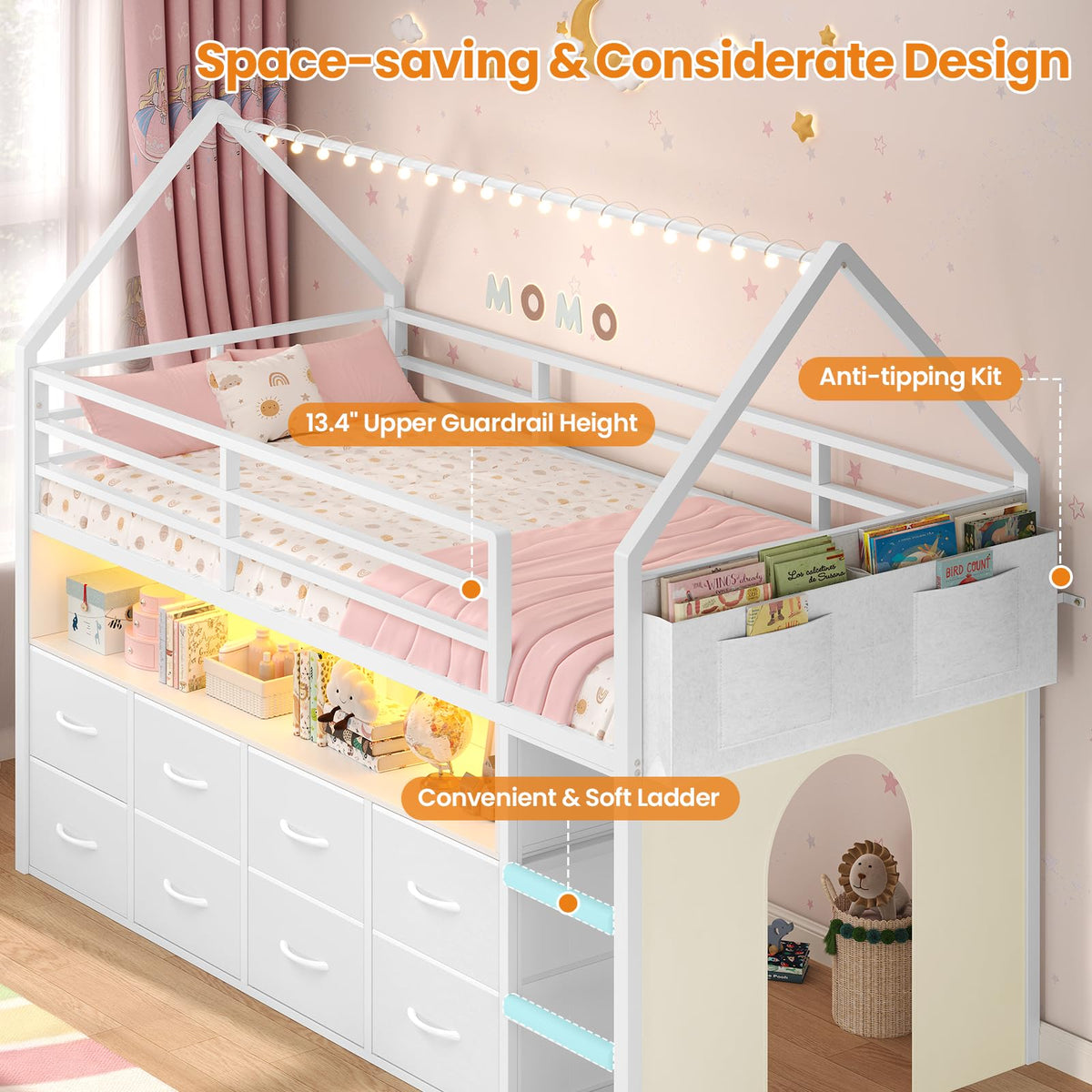Twin Size Low Loft Bed with 8 Storage Drawers Z370
