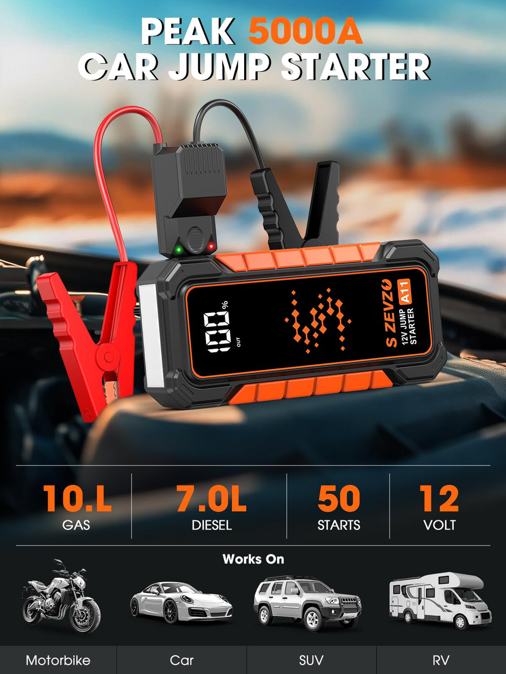 5000A Portable 12V Lithium Jump Starter with USB Charger Y674