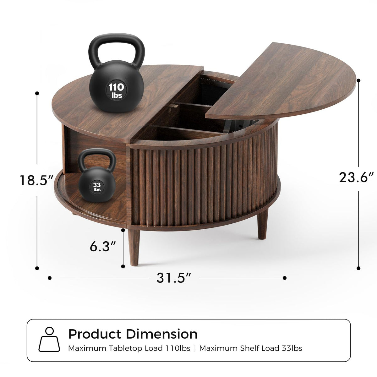 Lift Top Coffee Table with Storage, Fluted Round Center Table with Sliding Cabinet Door, Walnut S44395
