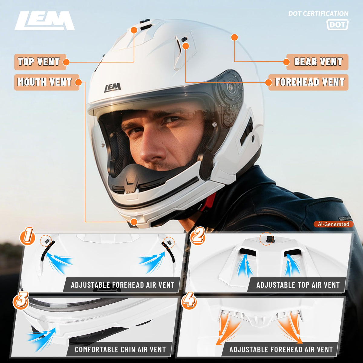 White Medium Full Face Motorcycle Helmets X4465