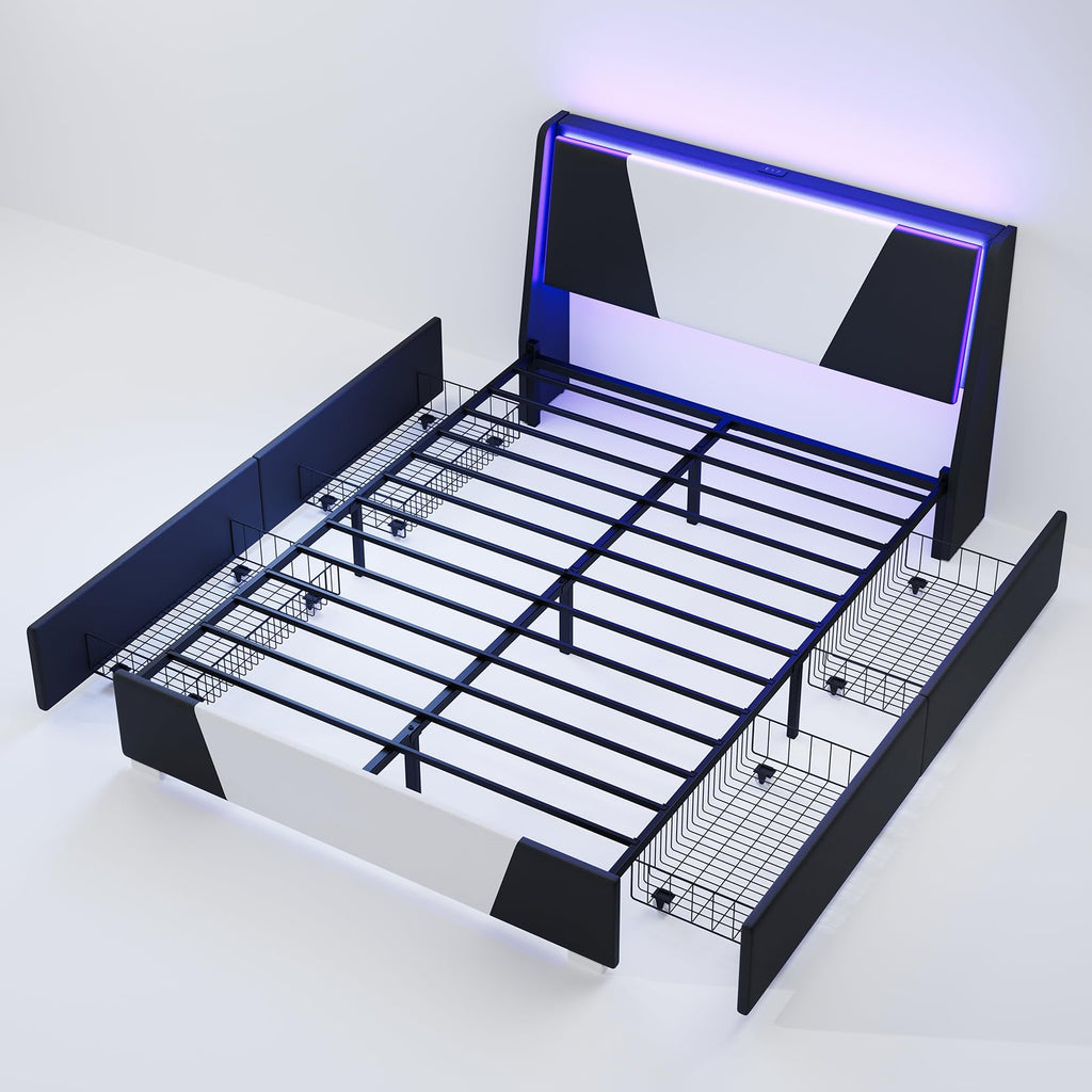 Full Size Bed Frame with Led Lights and 4 Storage Drawers L536