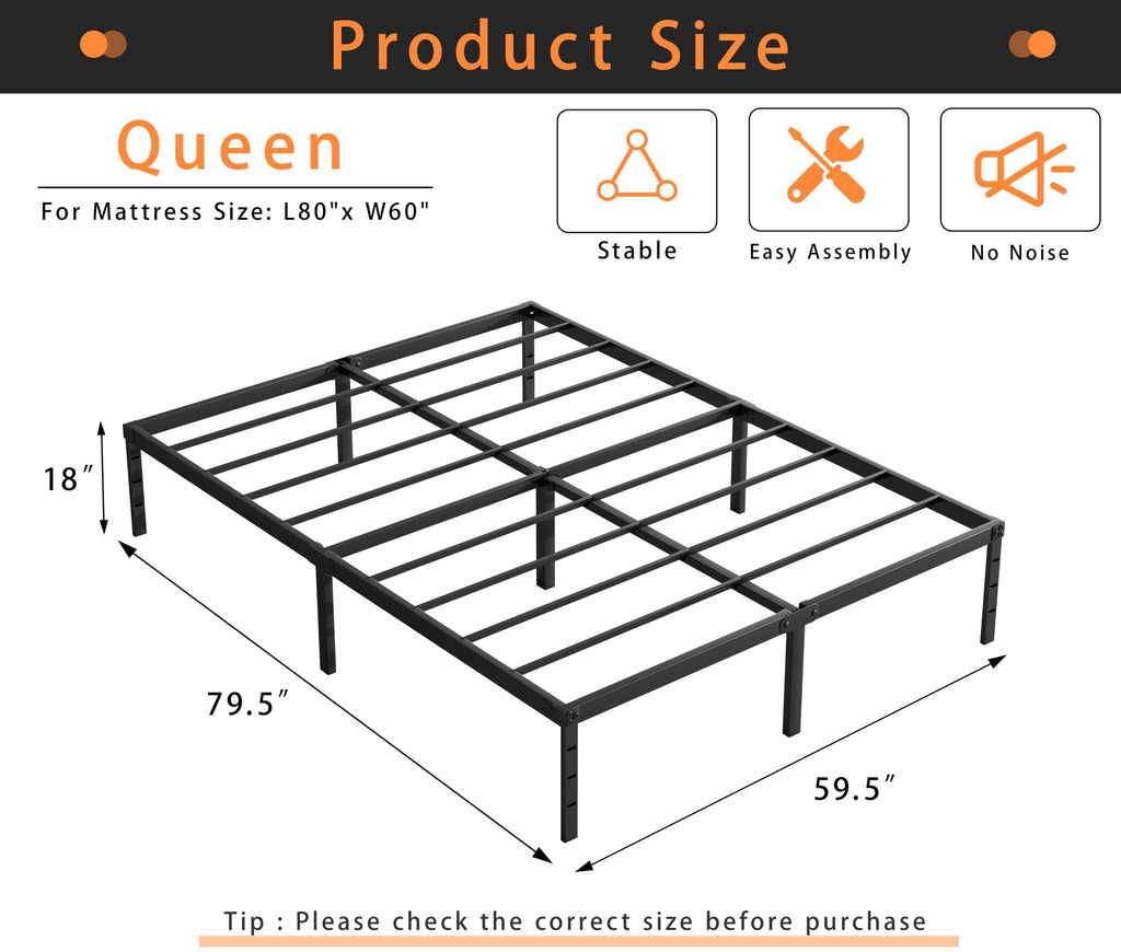 Queen Size 18 Inch Tall Black Metal Platform Bed Frame B69834