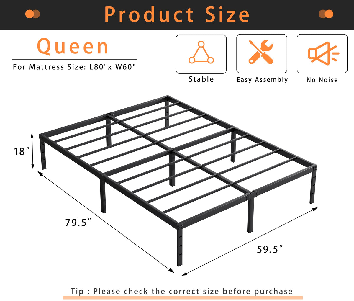 Queen Size 18 Inch Tall Black Metal Platform Bed Frame B69834