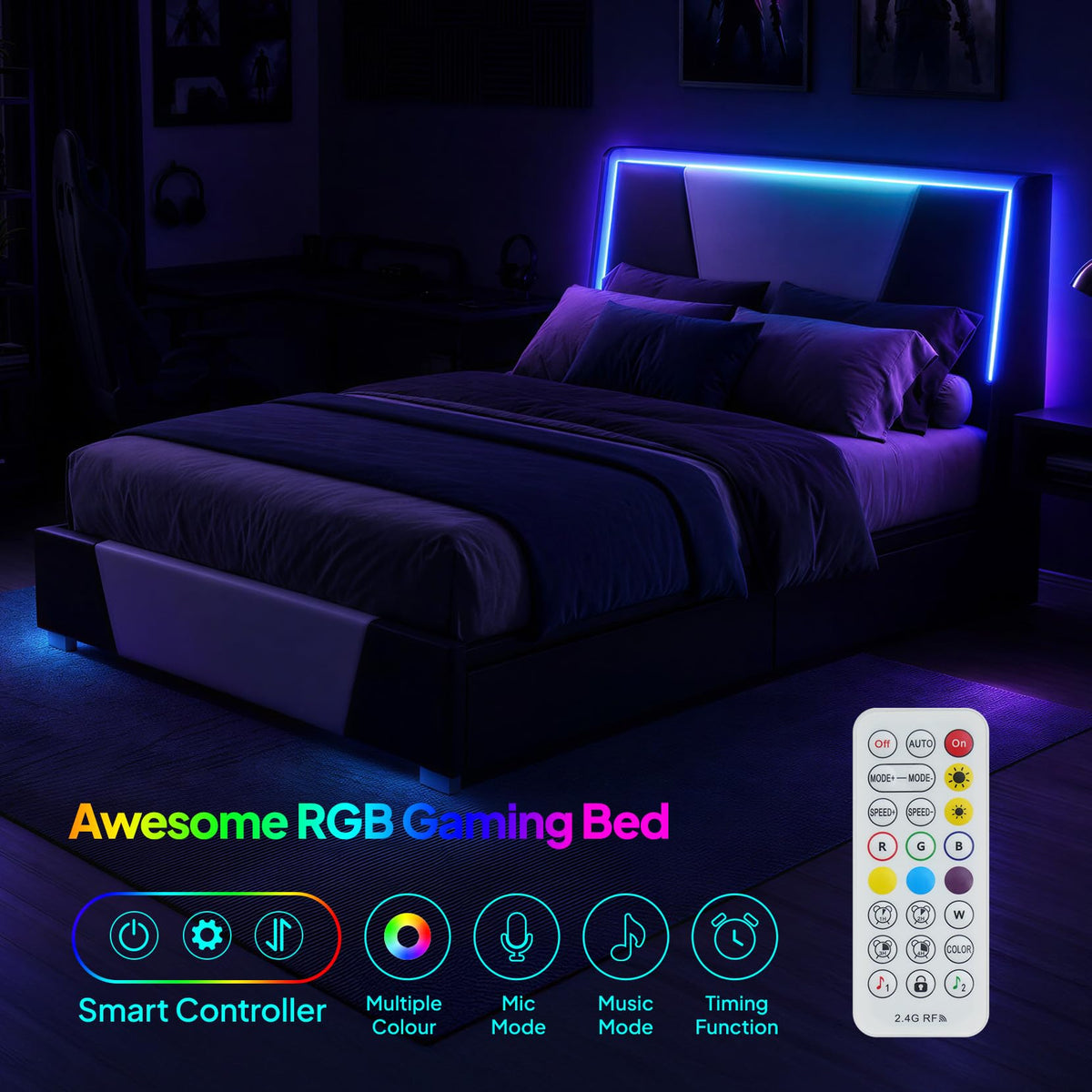 Full Size Bed Frame with Led Lights and 4 Storage Drawers L536