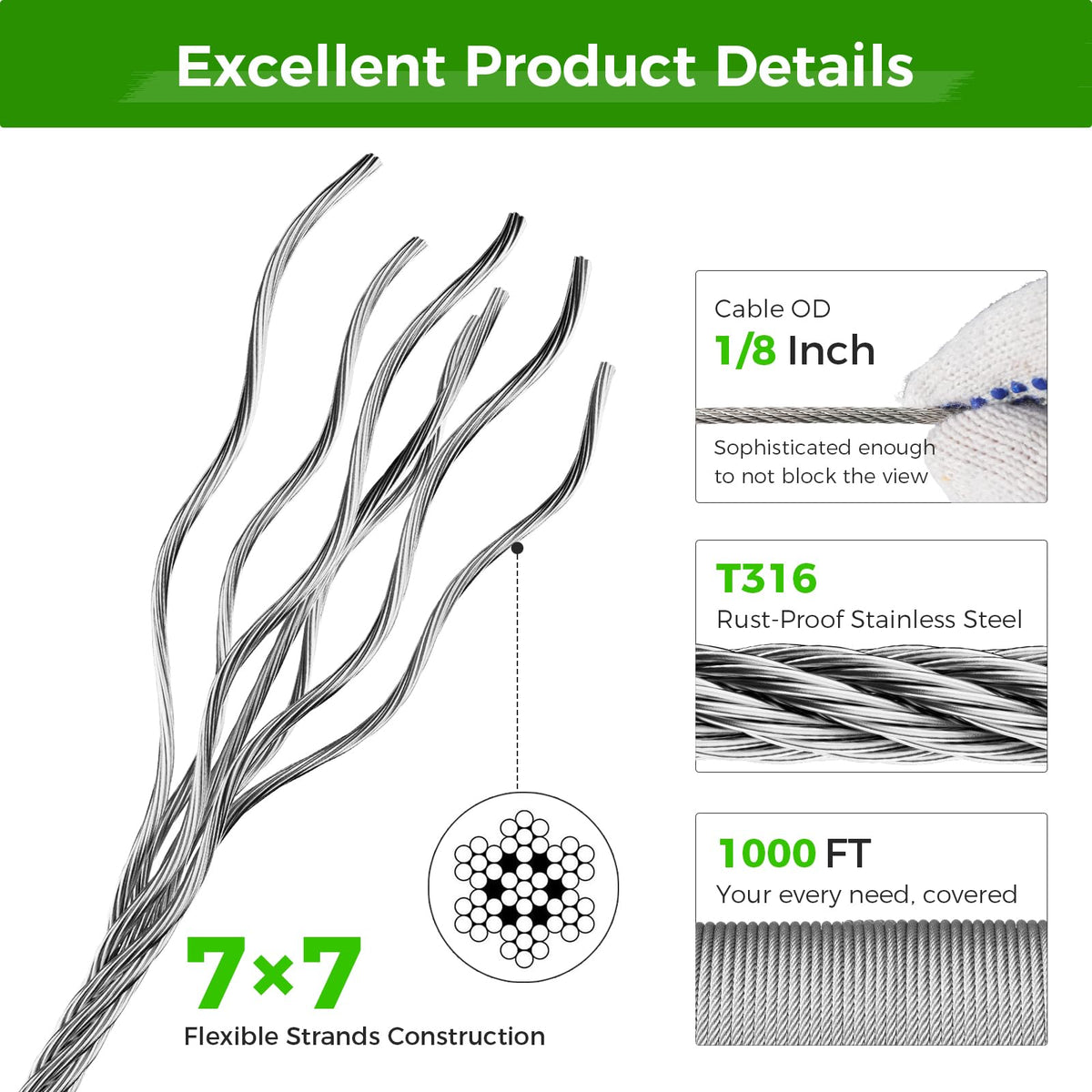 1/8” T316 Stainless Steel Cable 7x7 Wire Rope V649090
