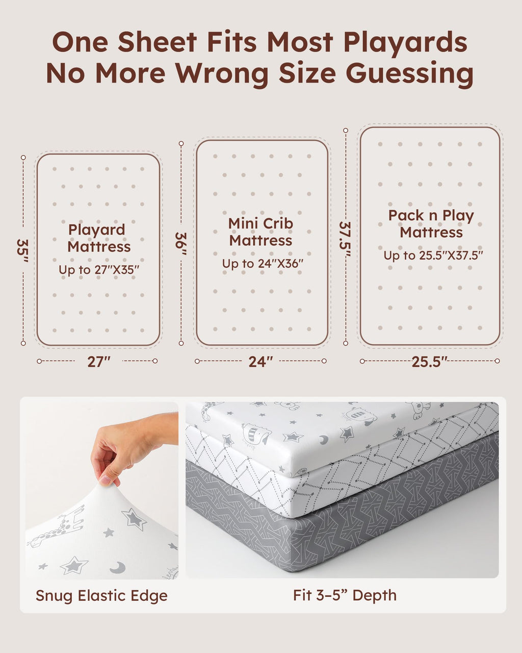 Baby Pack and Play Sheets Fitted 38x26 White Dark Gray S67145