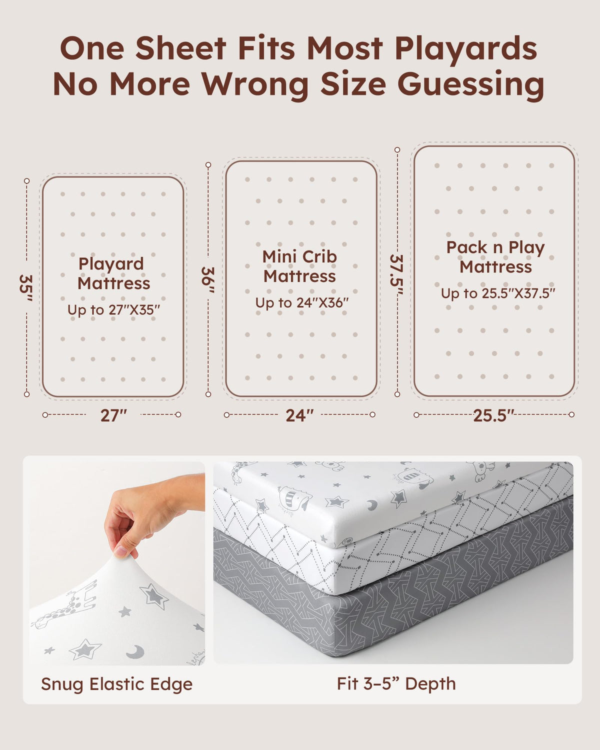 Baby Pack and Play Sheets Fitted 38x26 White Dark Gray S67145