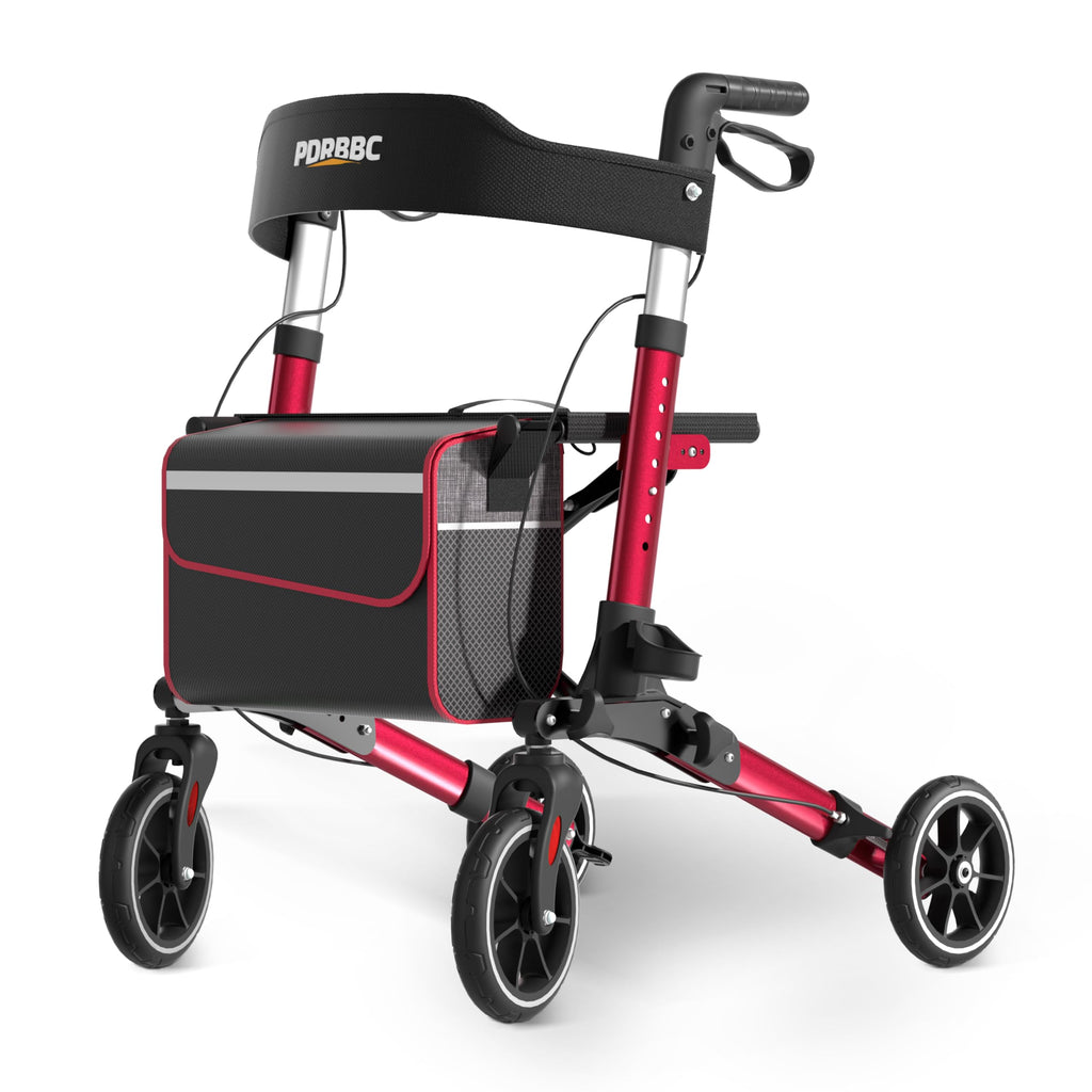 Red Foldable Lightweight Aluminum Rollator Walker with Seat and Brakes J210