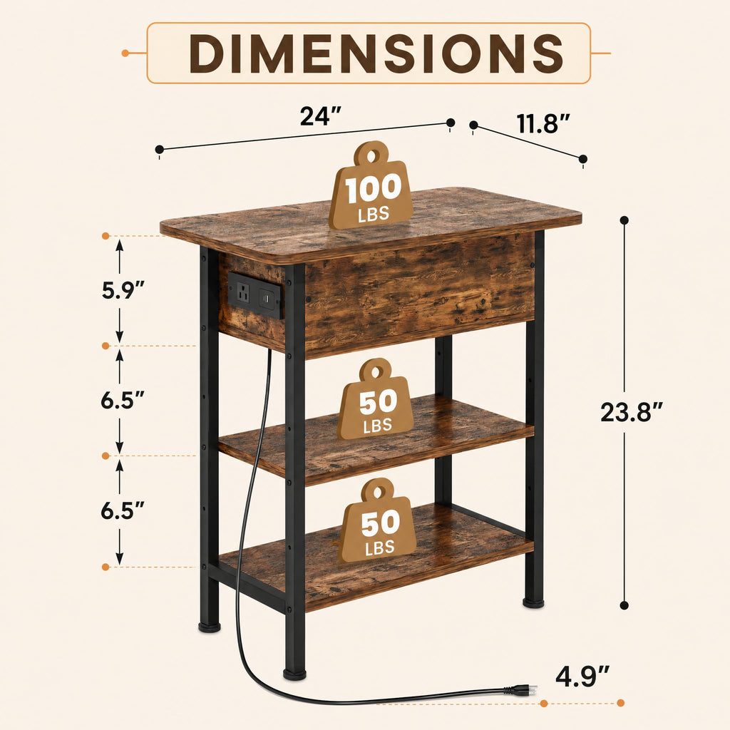 End Table with Charging Station, Flip Top Side Table with USB Ports and Outlets, 3-Tier Side Table with Storage S335393