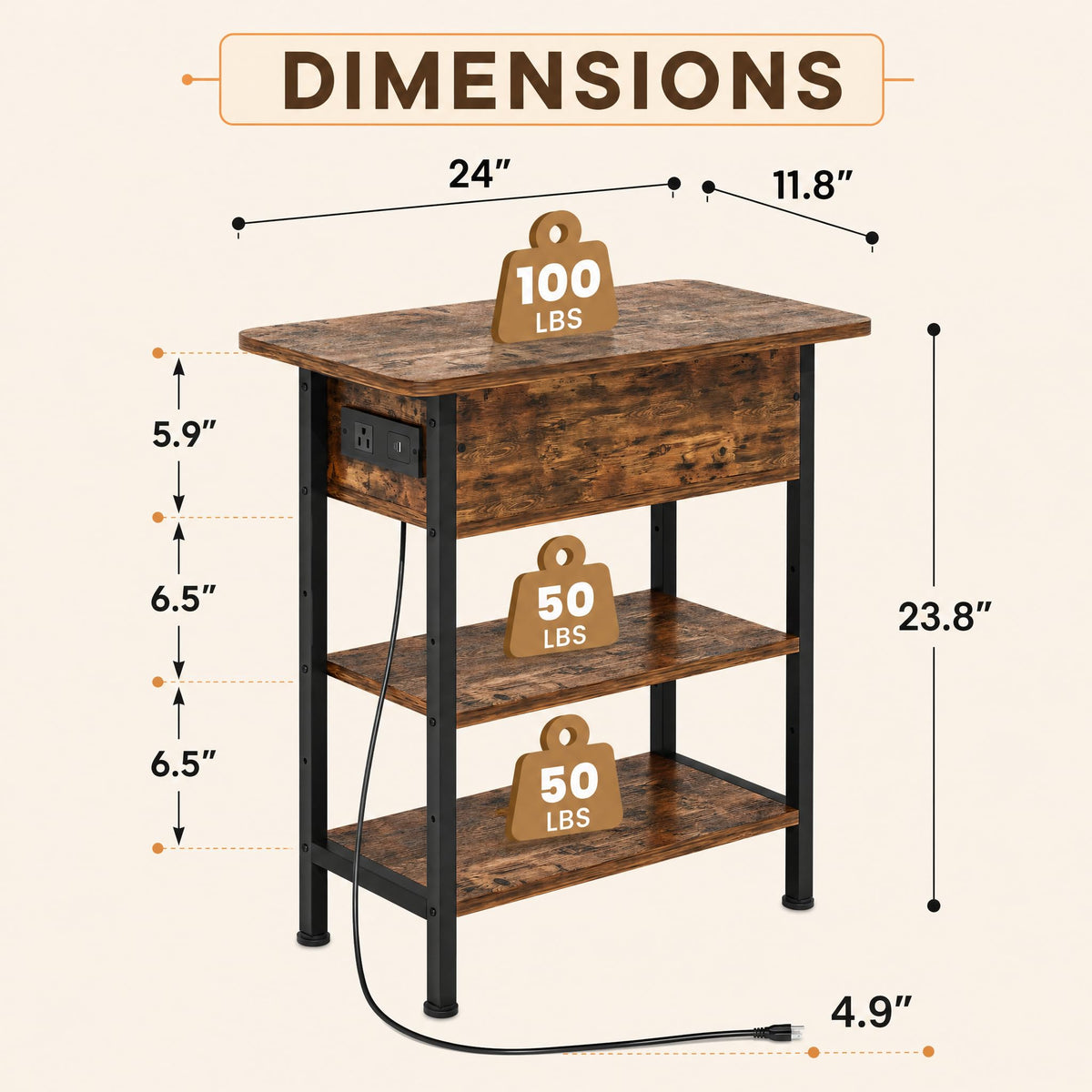 End Table with Charging Station, Flip Top Side Table with USB Ports and Outlets, 3-Tier Side Table with Storage S335393