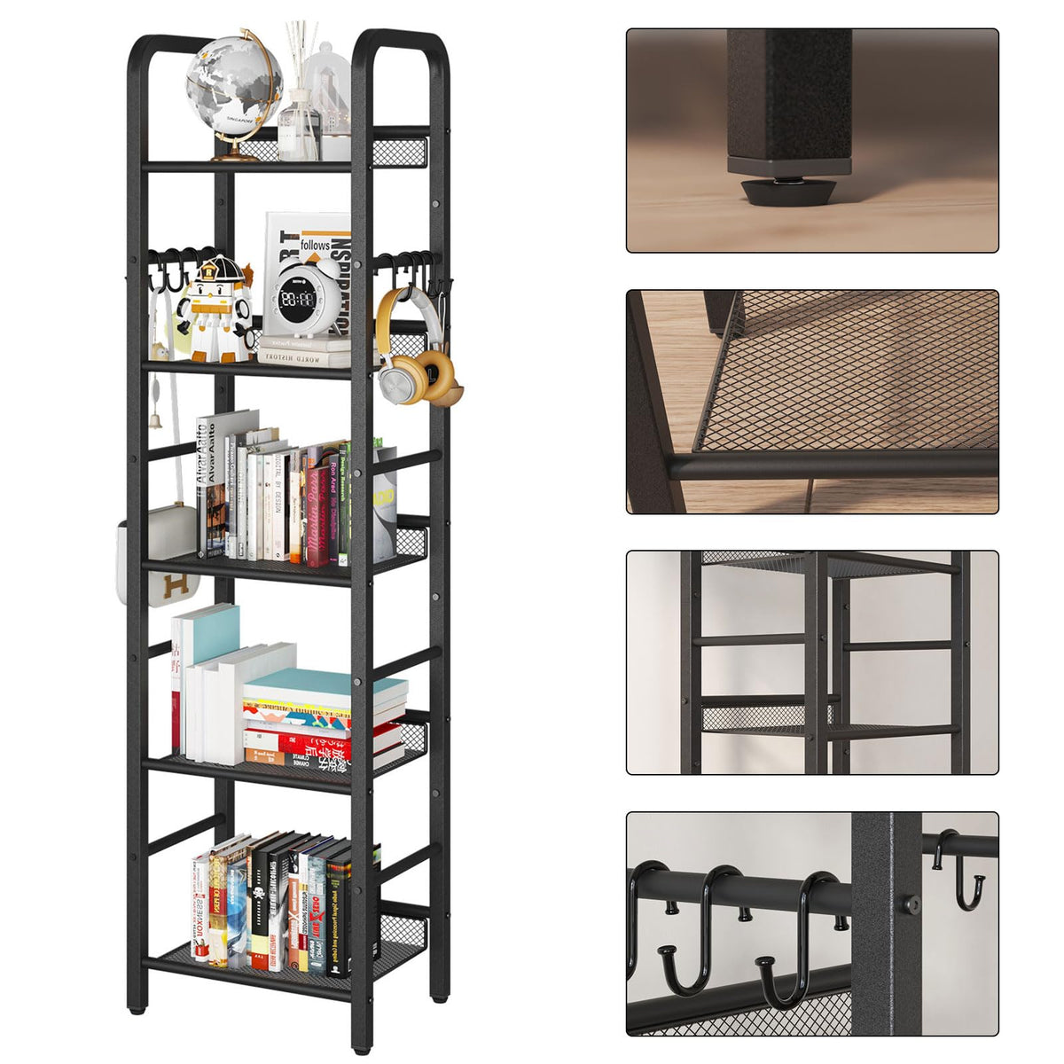 5 Tier Black Metal Bookshelf I397