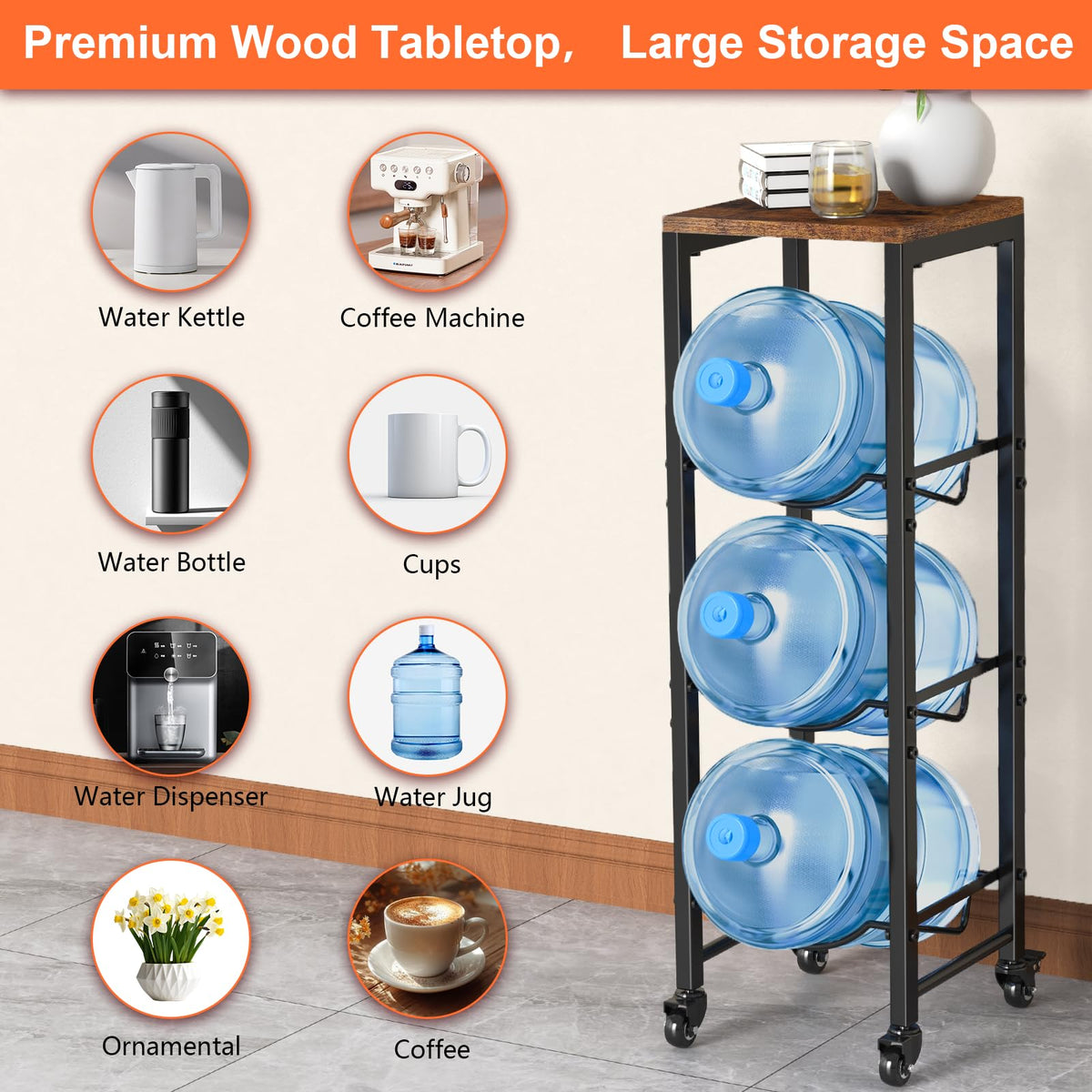 5 Gallon 3-Tier Water Bottle Holder with Lockable Casters Brown A257
