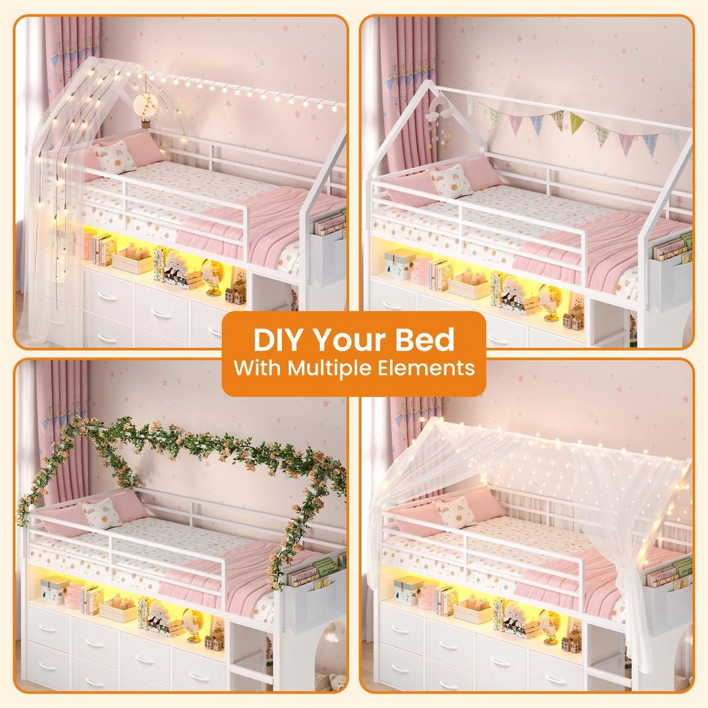 Twin Size Low Loft Bed with 8 Storage Drawers Z370