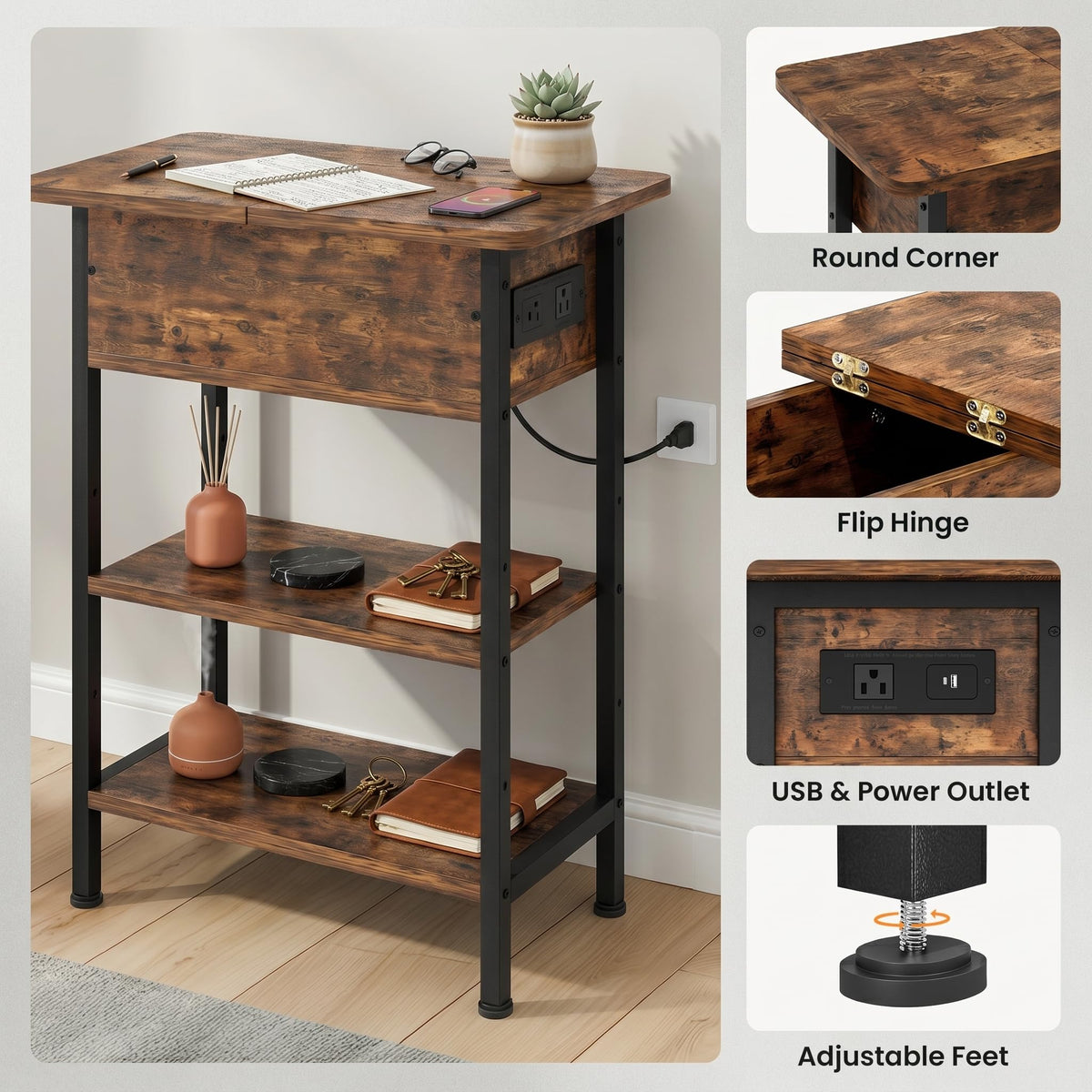 End Table with Charging Station, Flip Top Side Table with USB Ports and Outlets, 3-Tier Side Table with Storage S335393