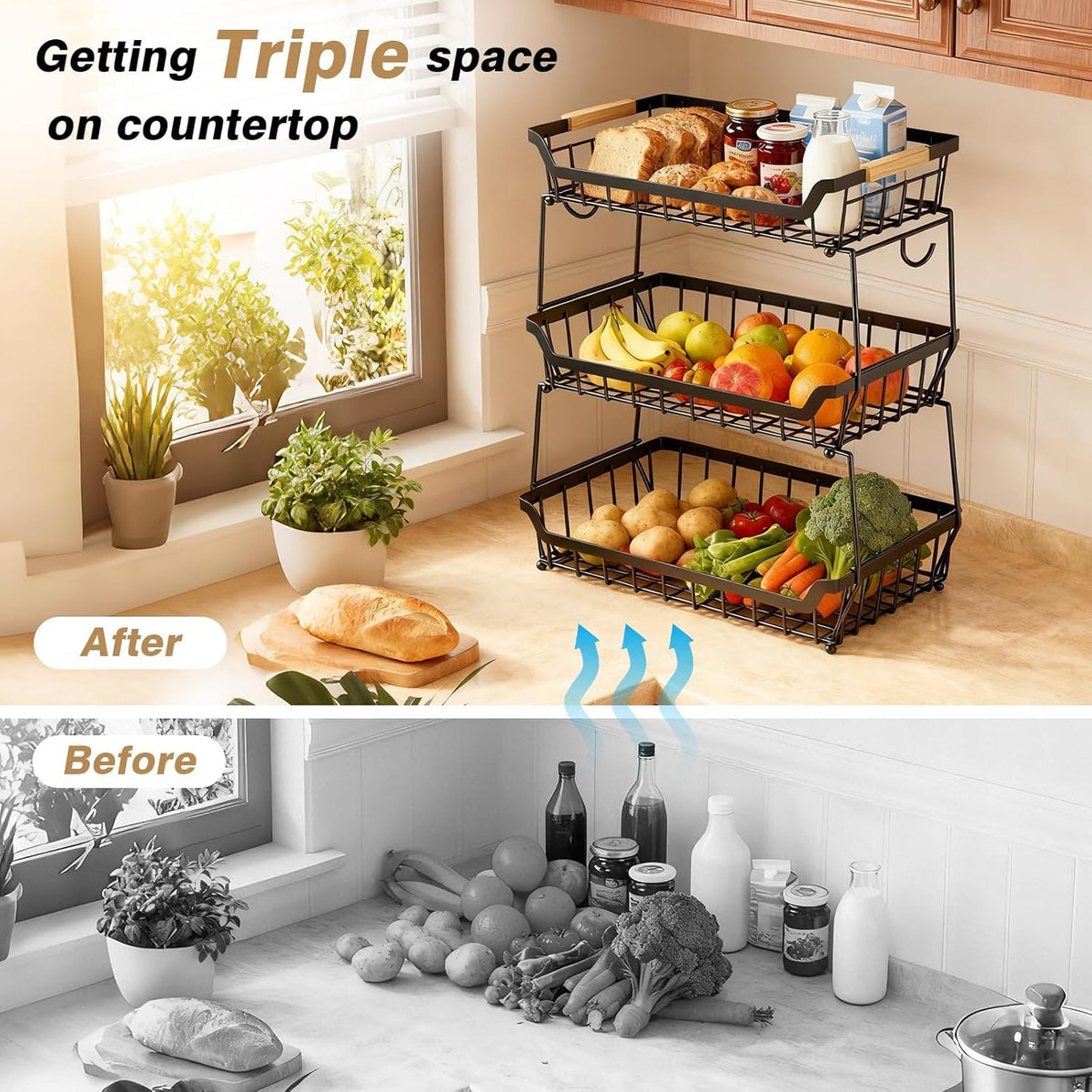 3 Tier Fruit Basket with 2 Banana Hangers Y554