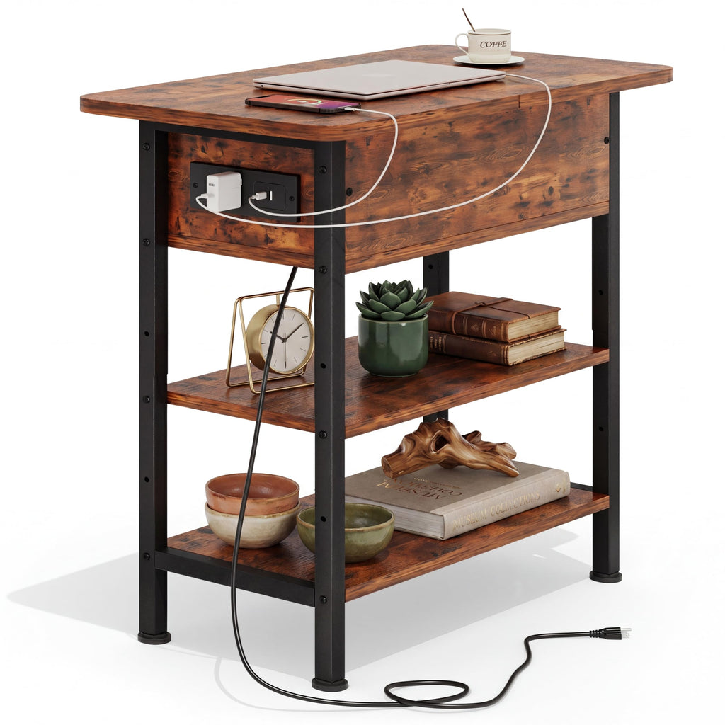 End Table with Charging Station, Flip Top Side Table with USB Ports and Outlets, 3-Tier Side Table with Storage S335393