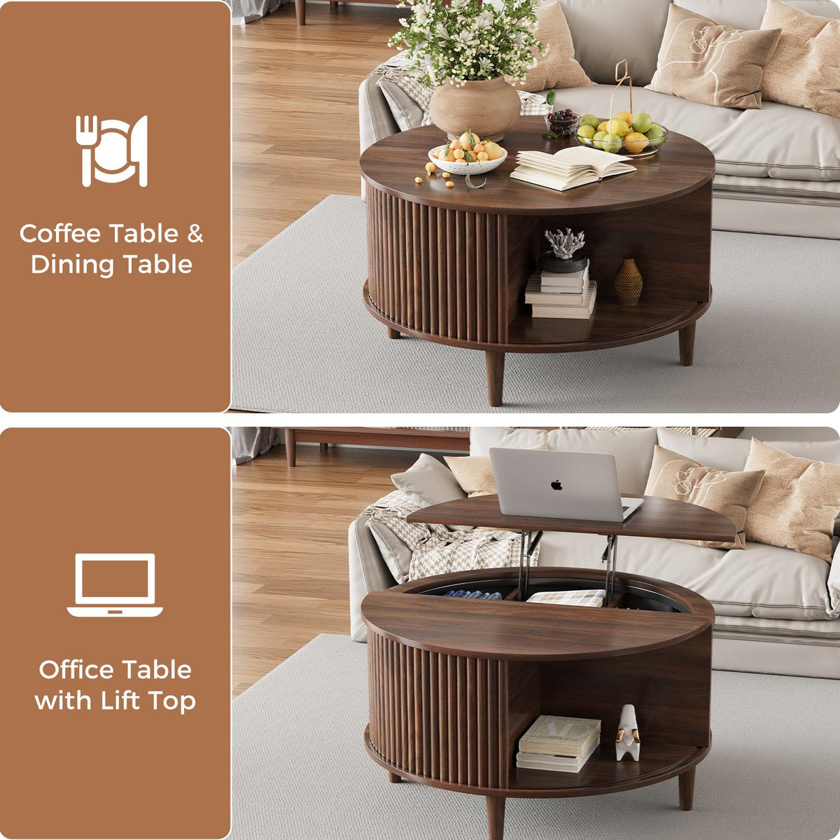 Lift Top Coffee Table with Storage, Fluted Round Center Table with Sliding Cabinet Door, Walnut S44395