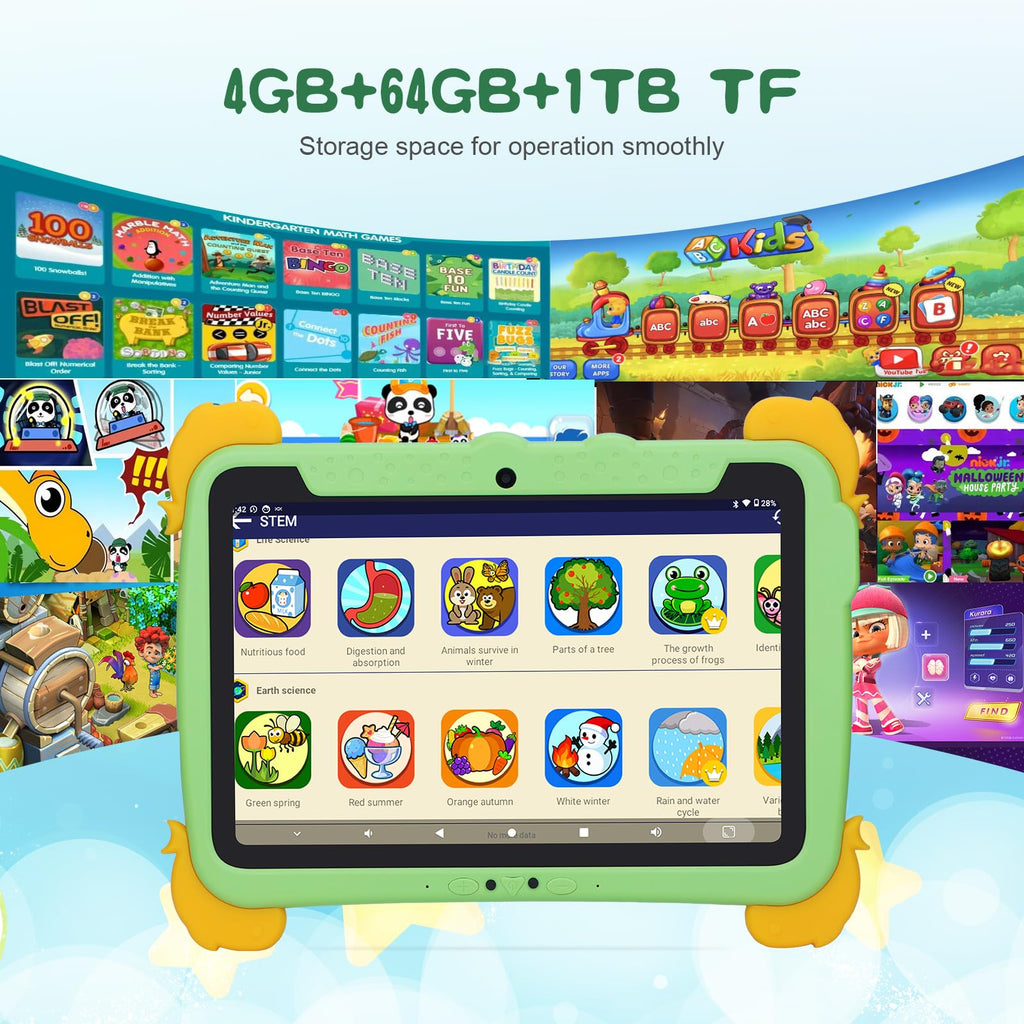 10.1 inch Kids Tablet Android 13 4GB RAM 64GB ROM FHD IPS Screen Green W2467