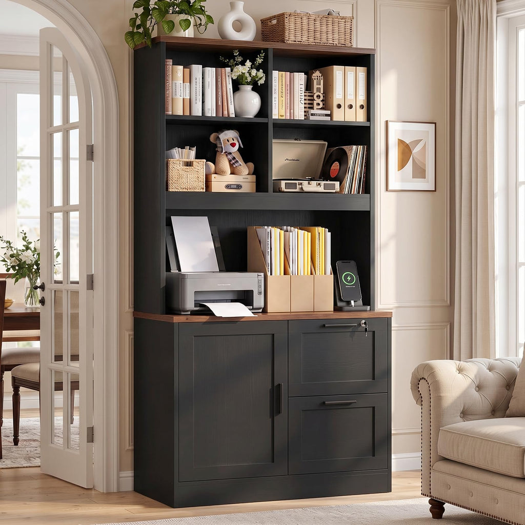 Black Vertical File Cabinet Bookcase with Printer Stand N516504