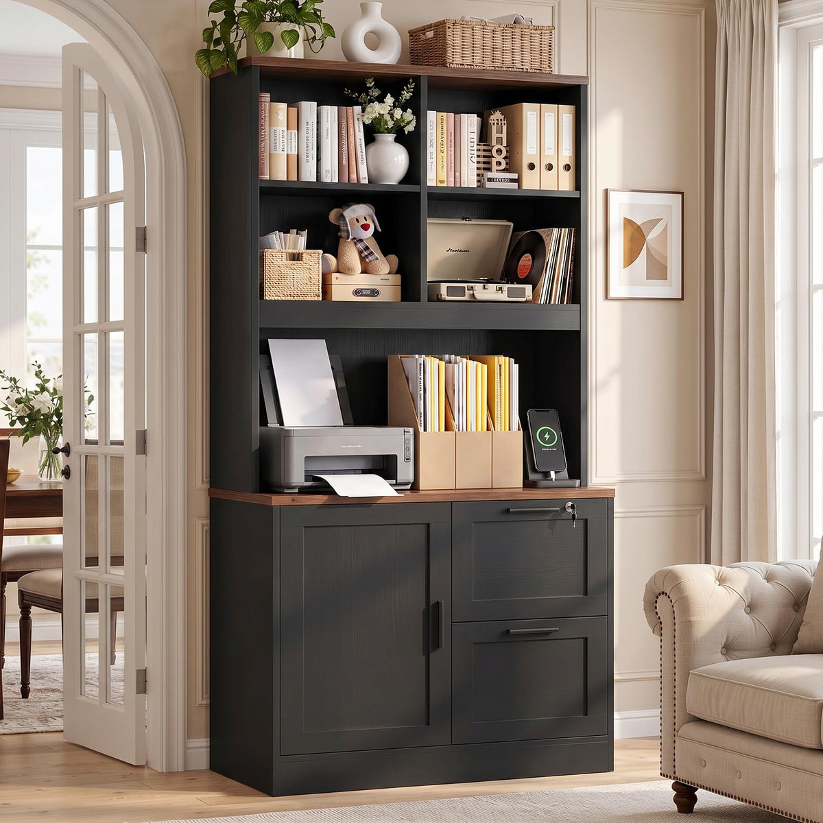 Black Vertical File Cabinet Bookcase with Printer Stand N516504