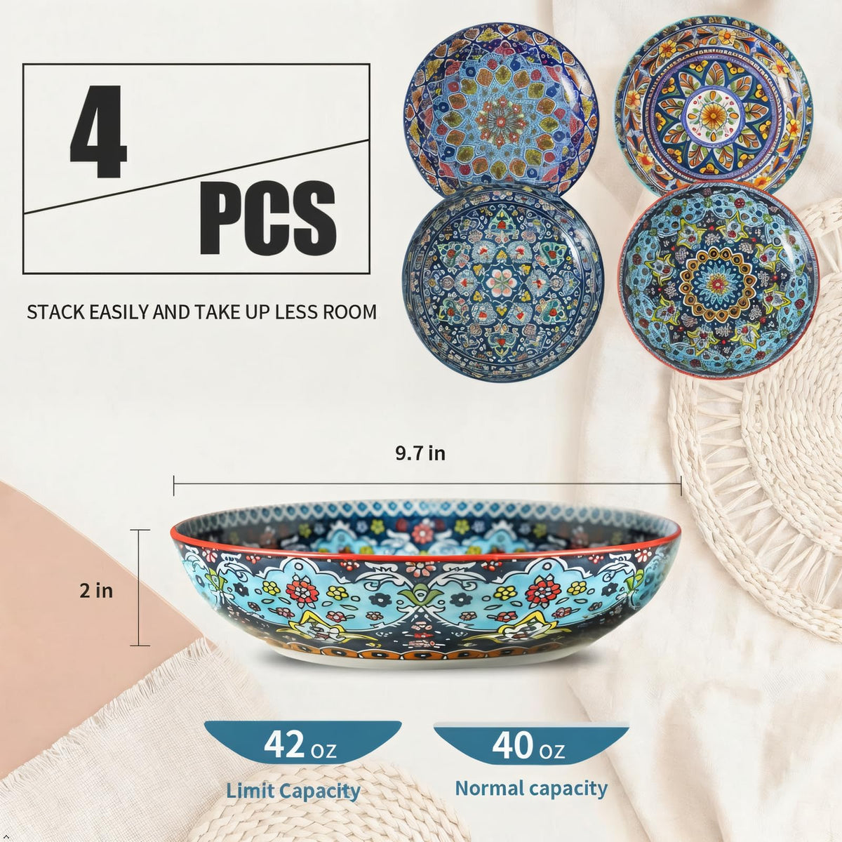 Pasta Bowls Set of 4, 42 oz Ceramic Serving Bowls Q125