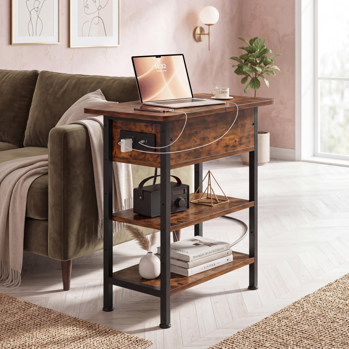 End Table with Charging Station, Flip Top Side Table with USB Ports and Outlets, 3-Tier Side Table with Storage S335393