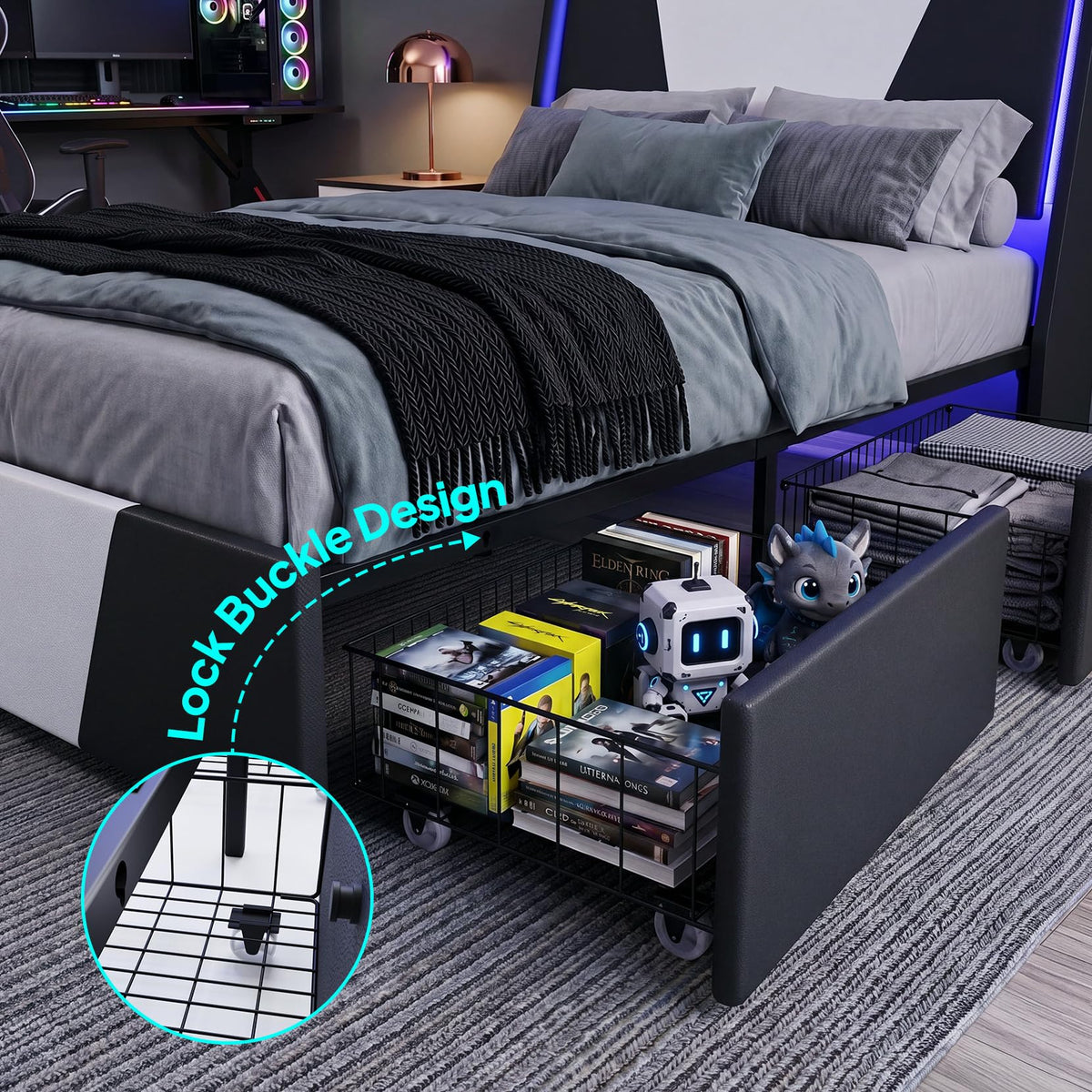 Full Size Bed Frame with Led Lights and 4 Storage Drawers L536
