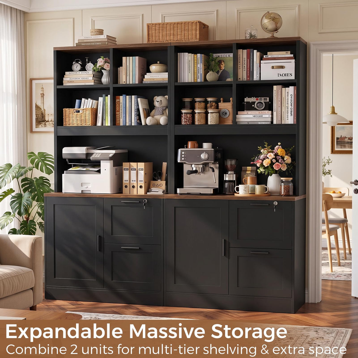Black Vertical File Cabinet Bookcase with Printer Stand N516504