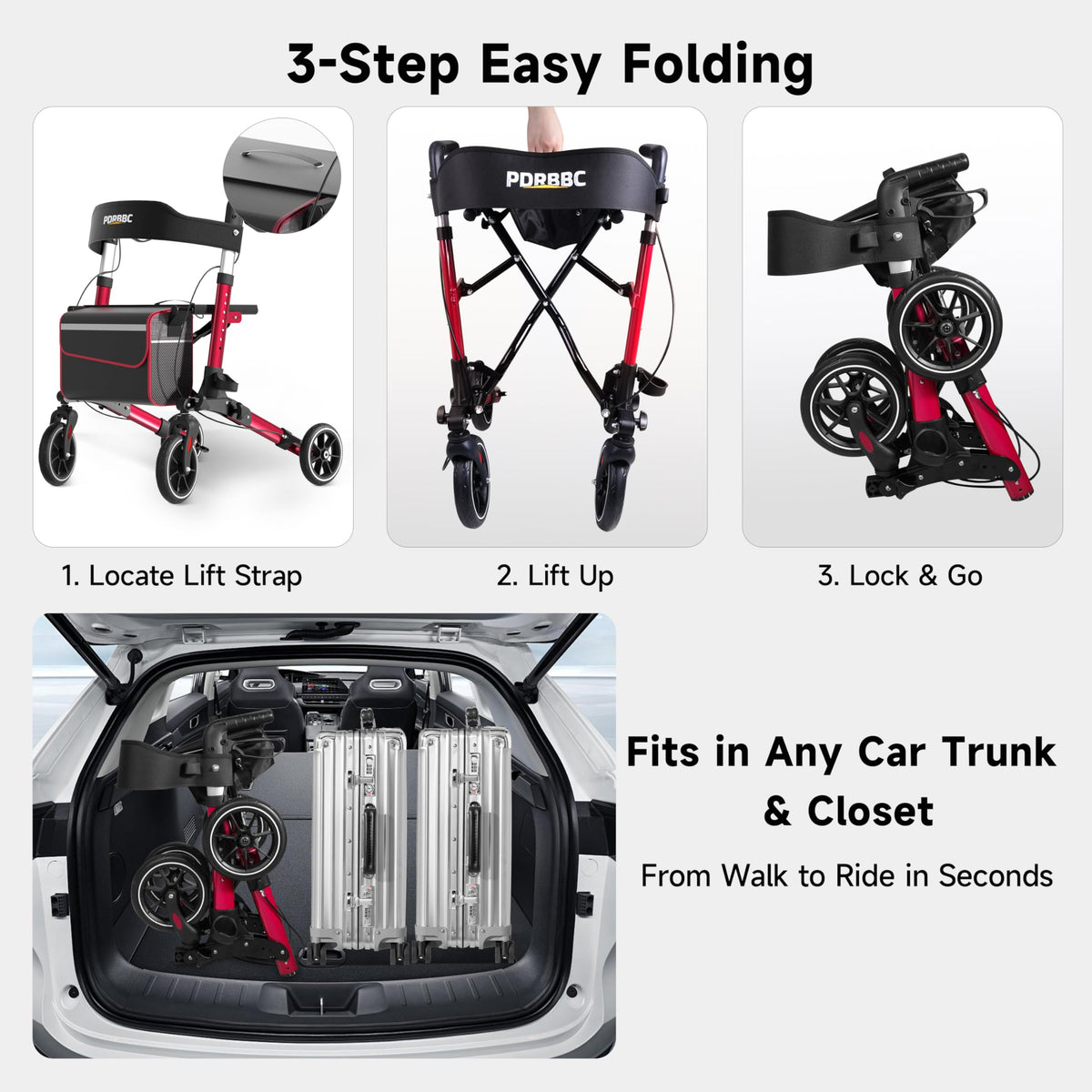 Red Foldable Lightweight Aluminum Rollator Walker with Seat and Brakes J210