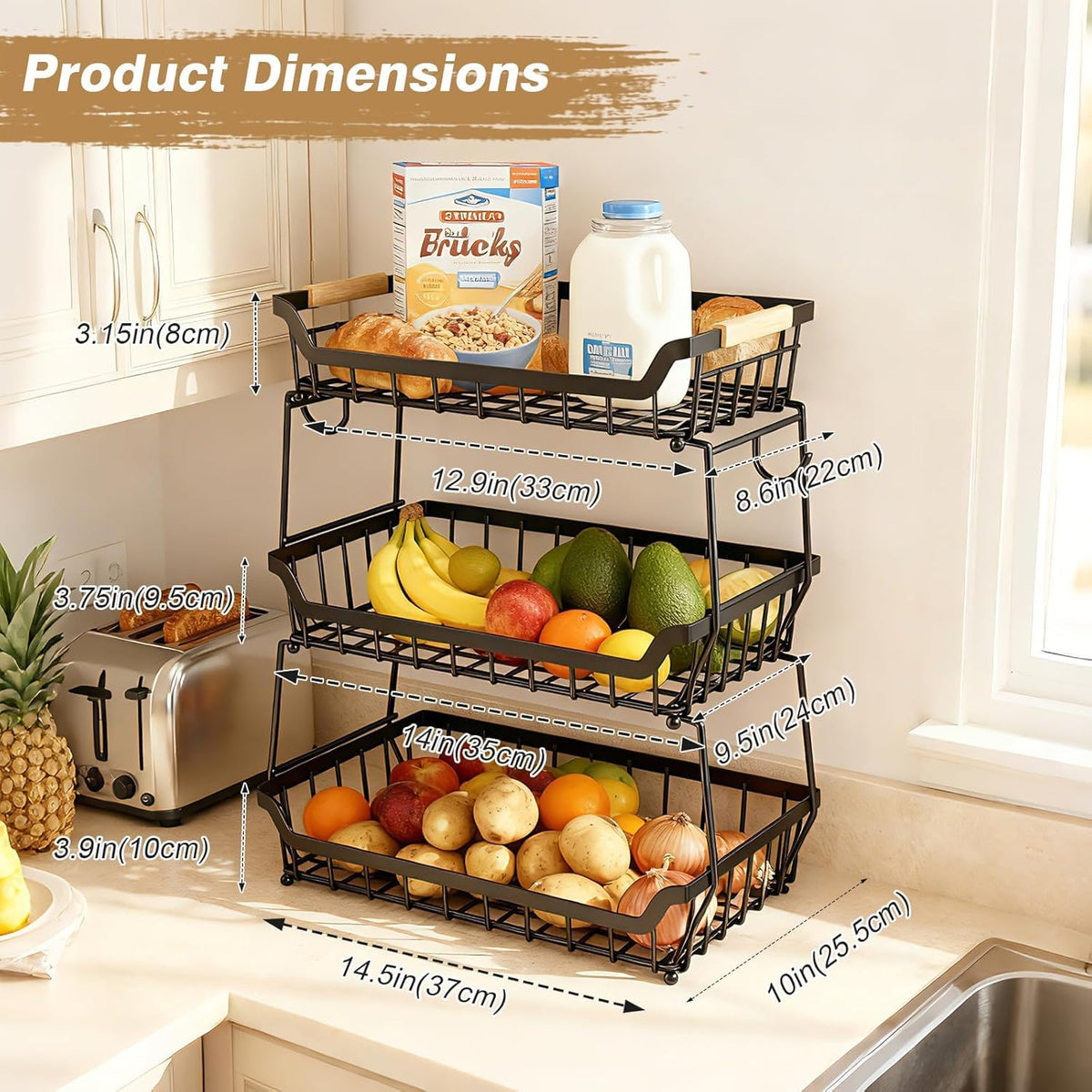 3 Tier Fruit Basket with 2 Banana Hangers Y554