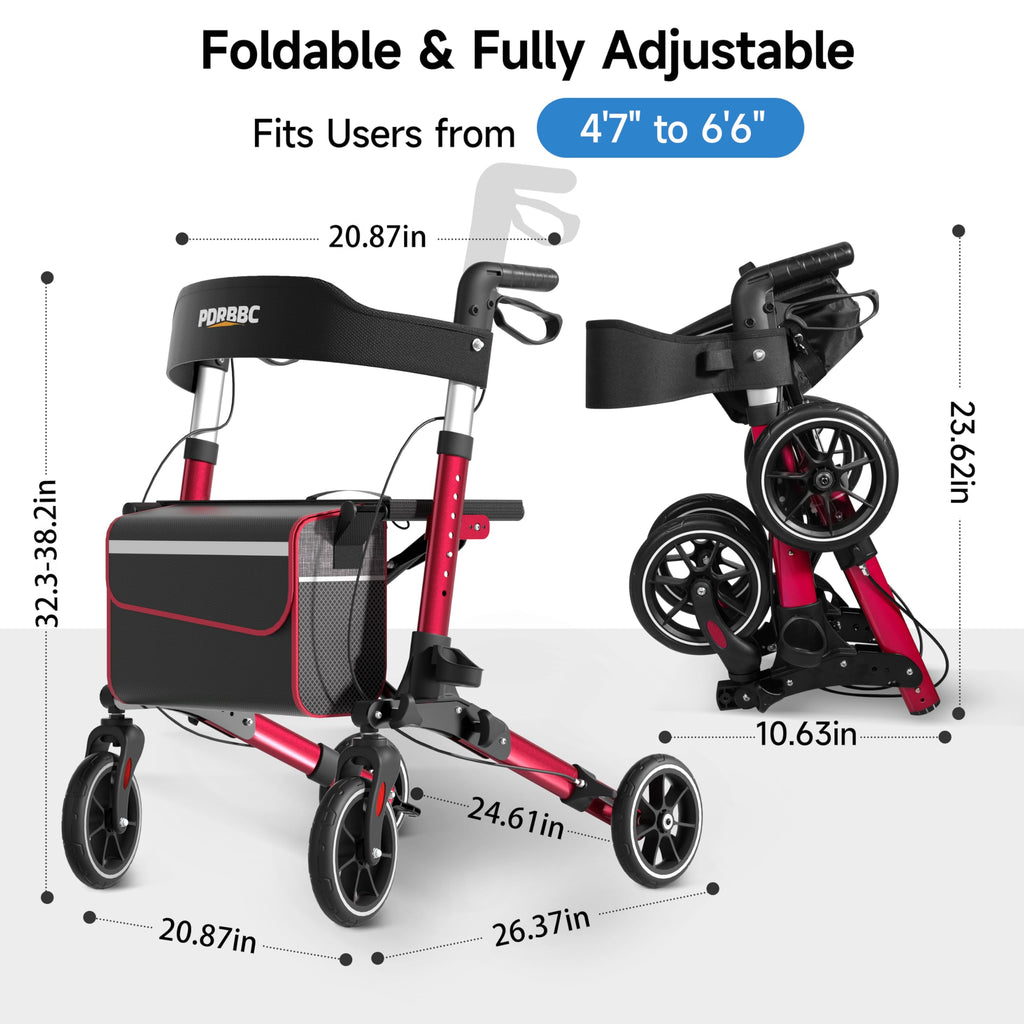 Red Foldable Lightweight Aluminum Rollator Walker with Seat and Brakes J210