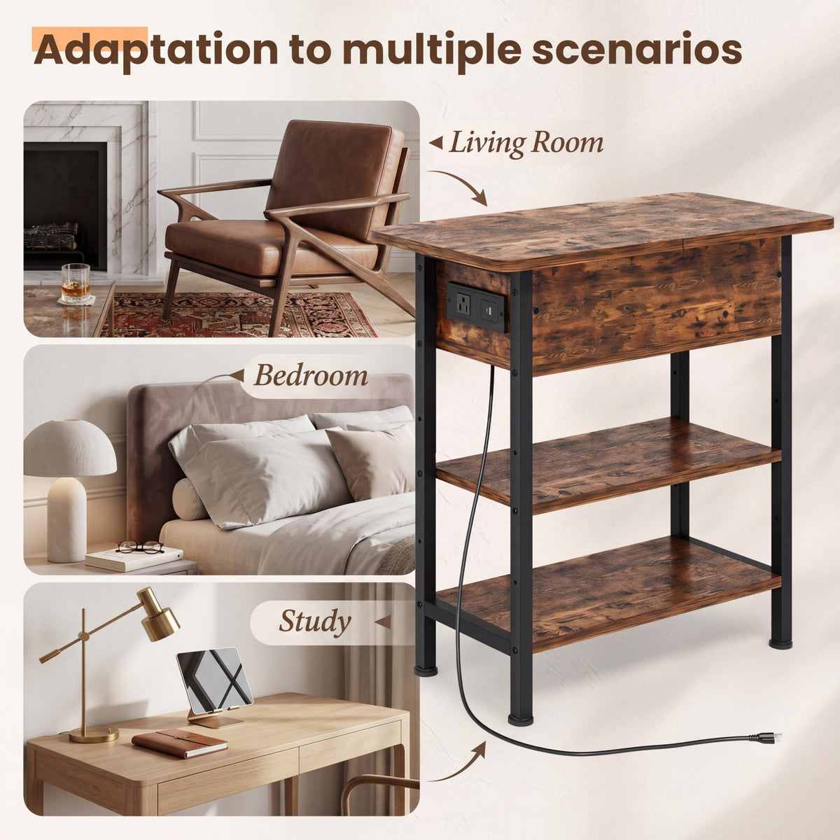End Table with Charging Station, Flip Top Side Table with USB Ports and Outlets, 3-Tier Side Table with Storage S335393
