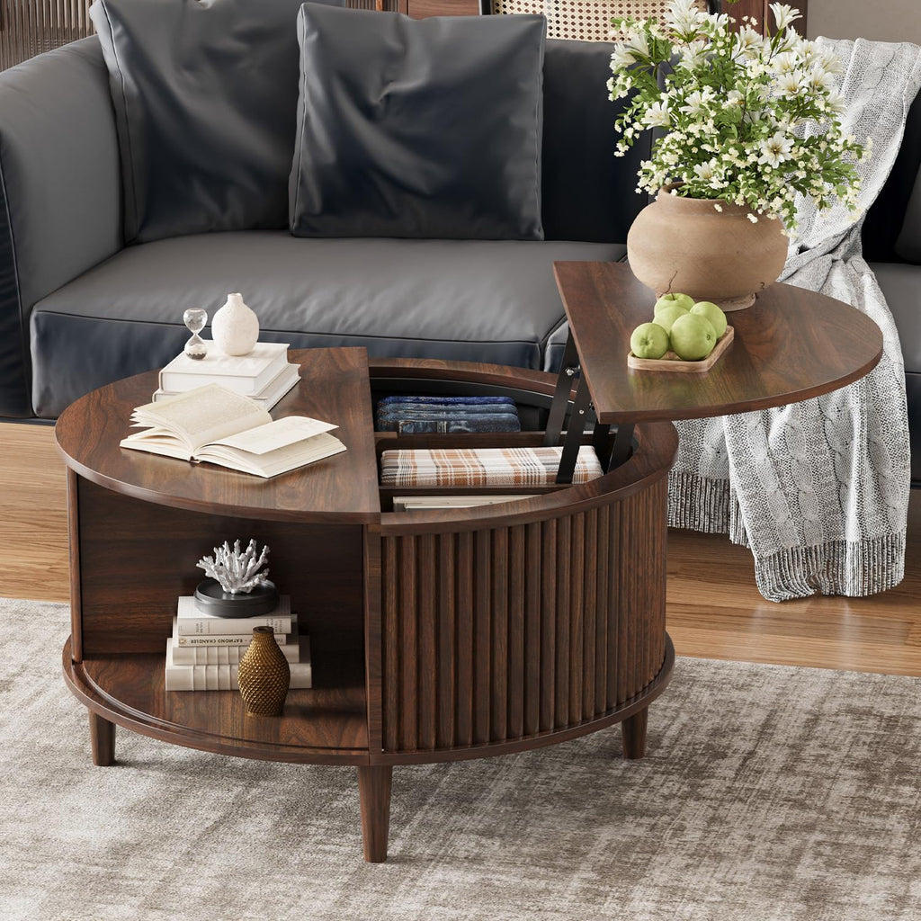 Lift Top Coffee Table with Storage, Fluted Round Center Table with Sliding Cabinet Door, Walnut S44395