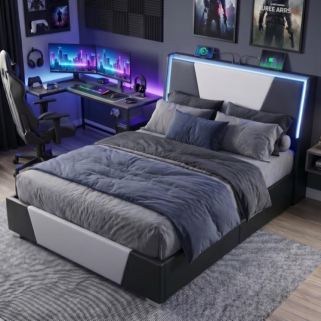 Full Size Bed Frame with Led Lights and 4 Storage Drawers L536