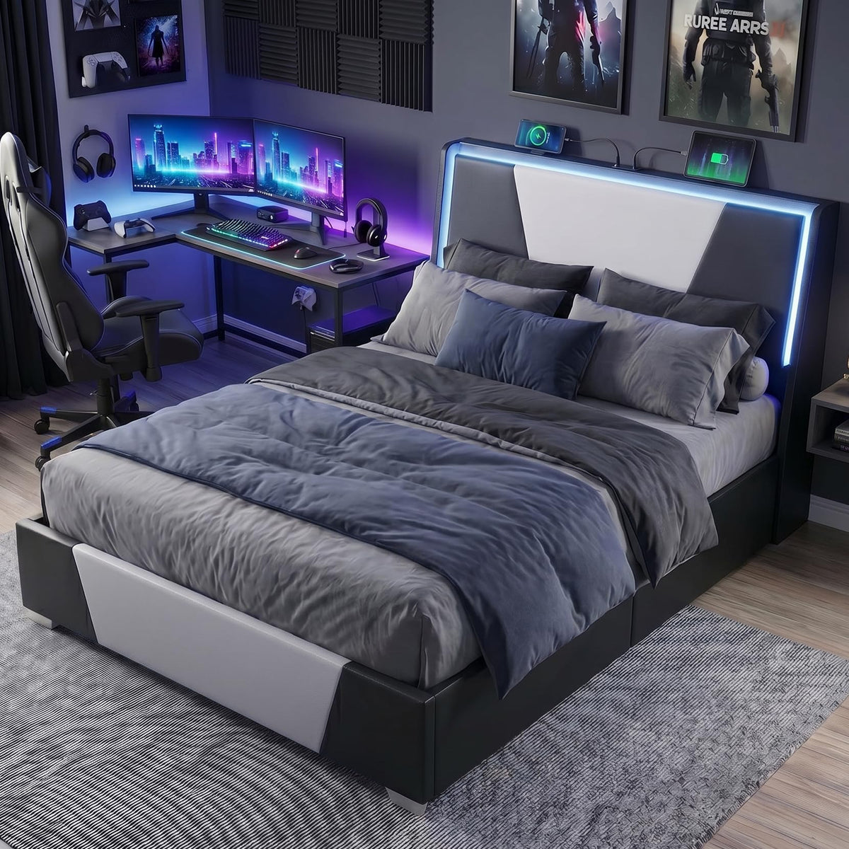 Full Size Bed Frame with Led Lights and 4 Storage Drawers L536