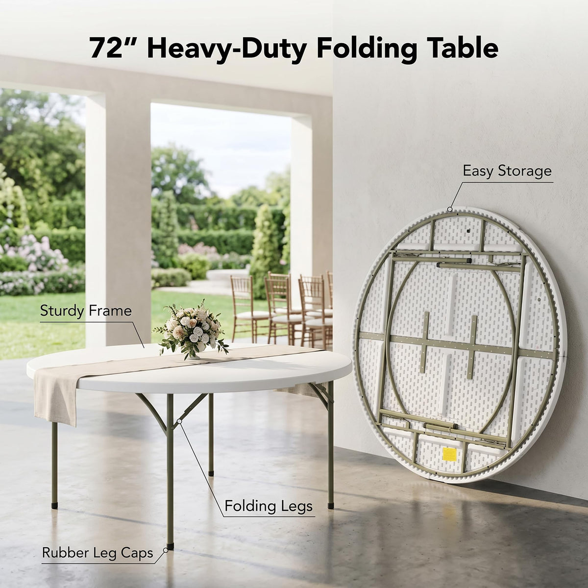 72-Inch Round Folding Tables 5-Pack Heavy-Duty Plastic D956